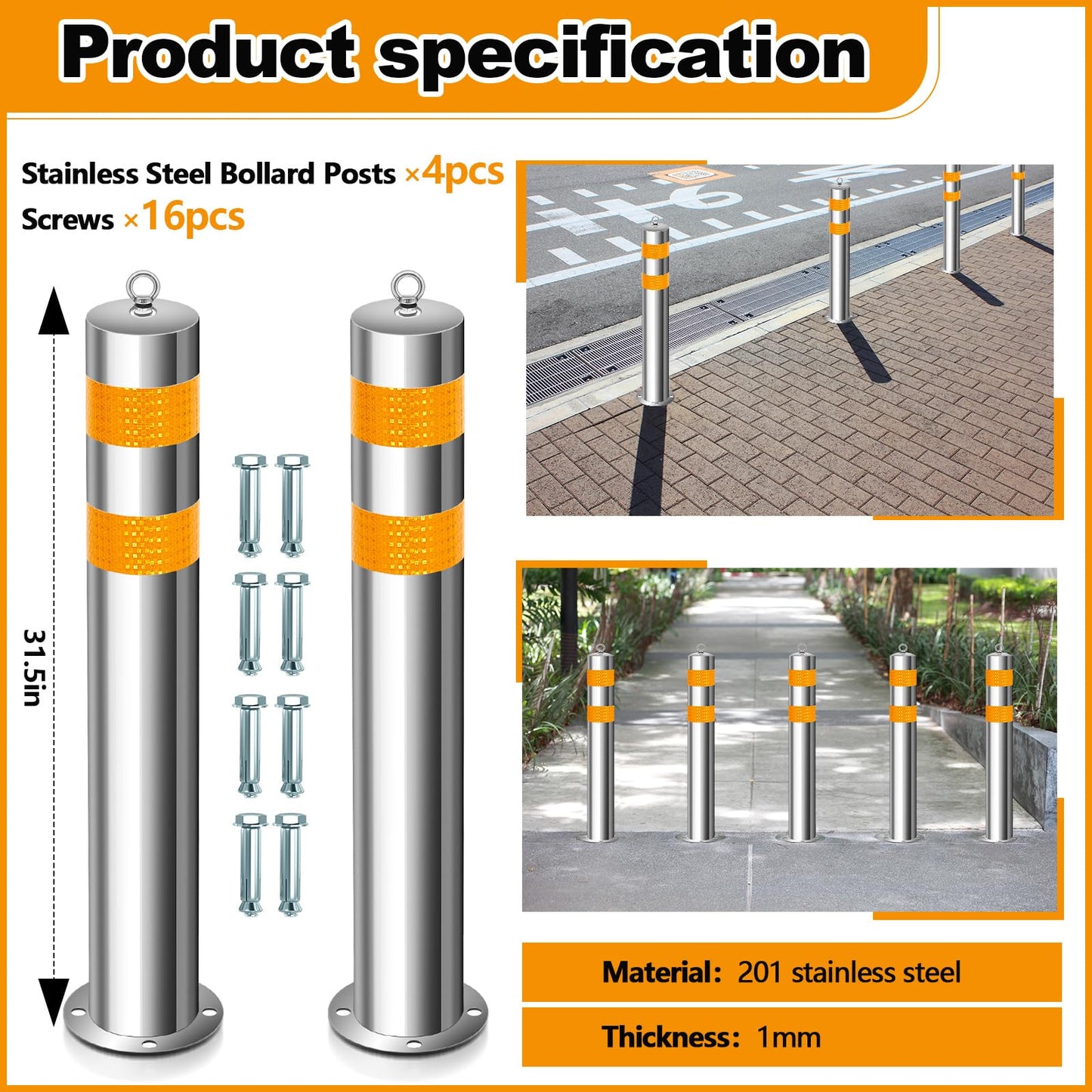 Yaocom 31.5 Inch Stainless Steel Bollard Post with Anchor Bolts Parking Barrier Block Safety Bollard Covers with Reflective Strips and Hanging Ring for Parking Lots Driveways Garage Pathways(4 Pcs)