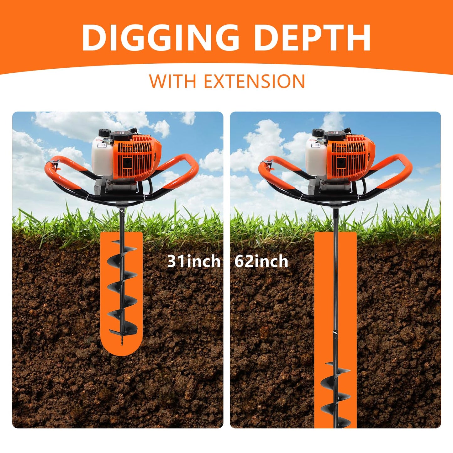 72CC Auger Post Hole Digger, 2 Stroke Gas Powered Earth Post Hole Digger with 3 Auger Drill Bits(4" & 6" & 12") + 2 Extension Rods for Farm Garden Plant, Orange (72cc+3 Auger(4"6"12")+2 Ext)