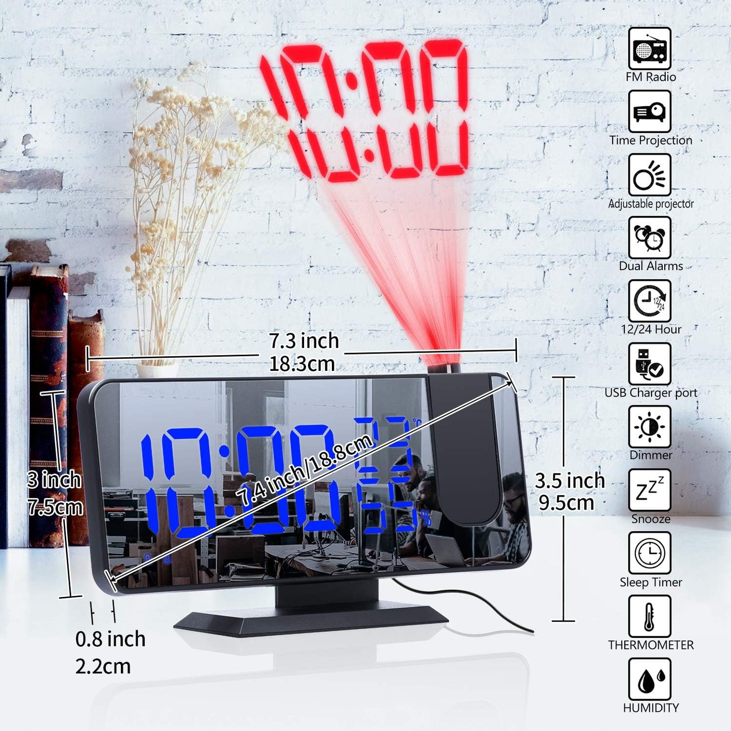 4 Dimmer 180 2 7.4'' ThreeH Projection Alarm Clock Radio Digital Alarm Clock & Rotable & Sounds Large Mirror Display