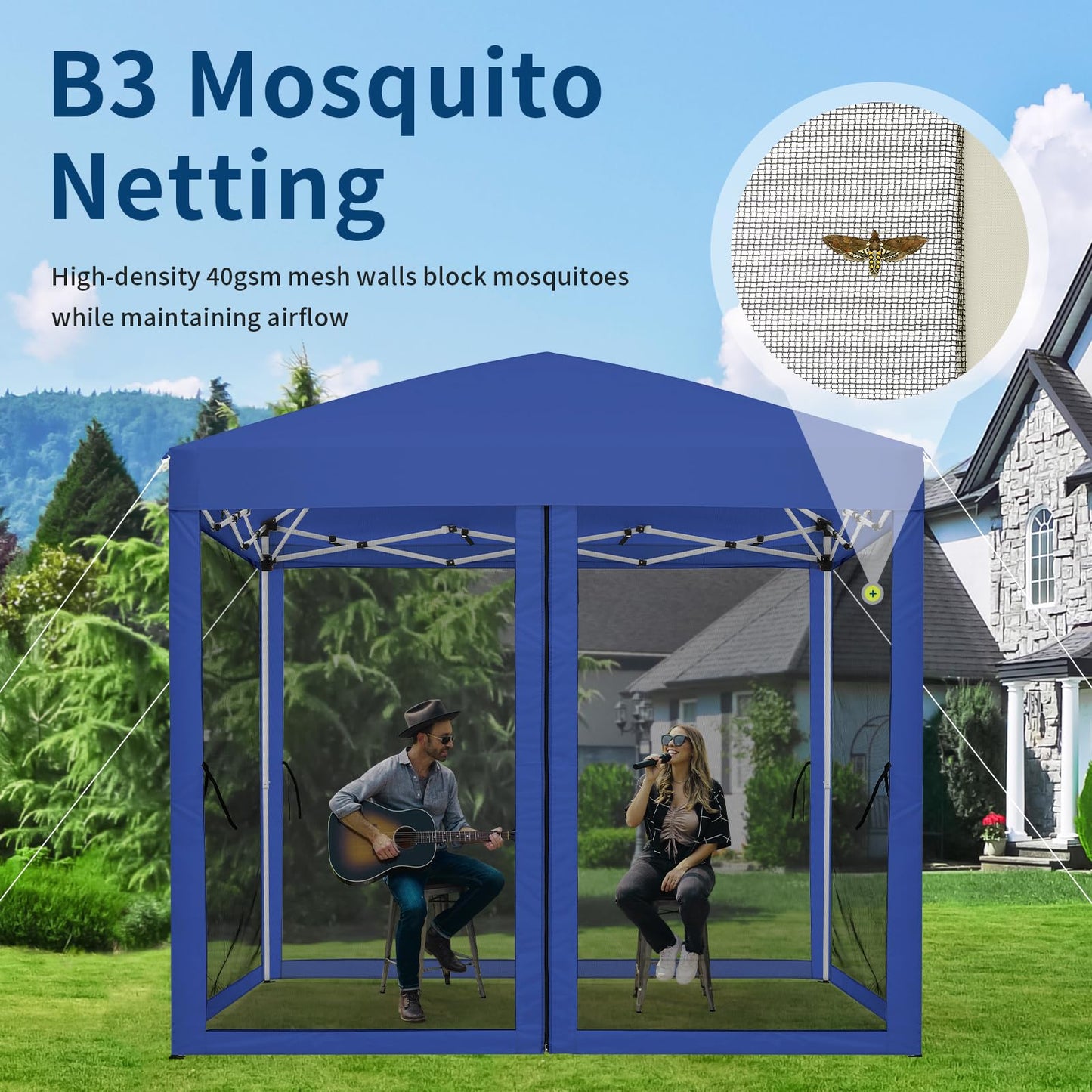 GarveeLife 8 ft x8 ft Instant Pop-Up Canopy Tent with Removable Mosquito Netting & 2 Zipper Doors, Portable Outdoor Shelter for Camping, Backyard, Picnic - Includes Wheeled Carry Bag (Blue)