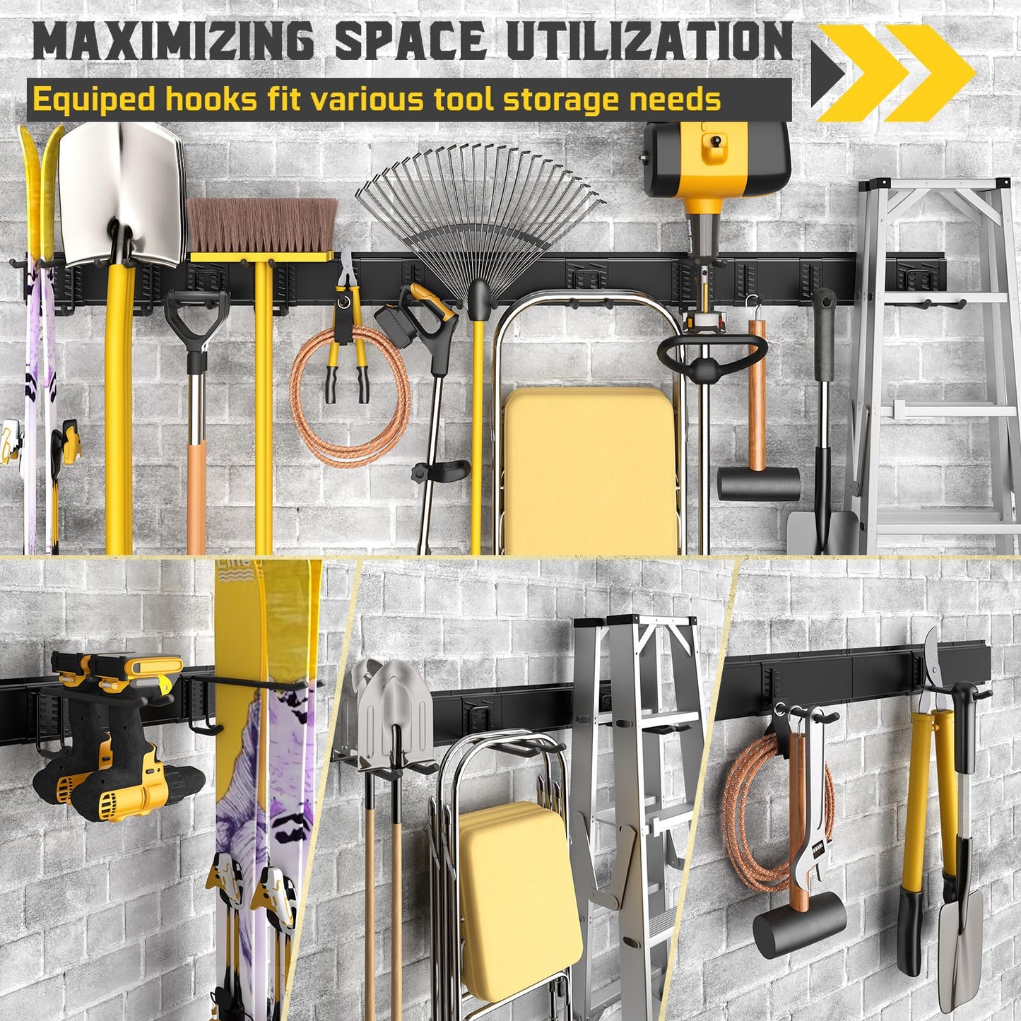 YZSFMZGE 64" Garage Wall Tool Organizer, 900 Lbs Heavy Duty Steel Garden Tool Storage Rack & Garage Organization for Yard, Shed, Garage - 12 Longer & Thicker Hooks + 2 Straps