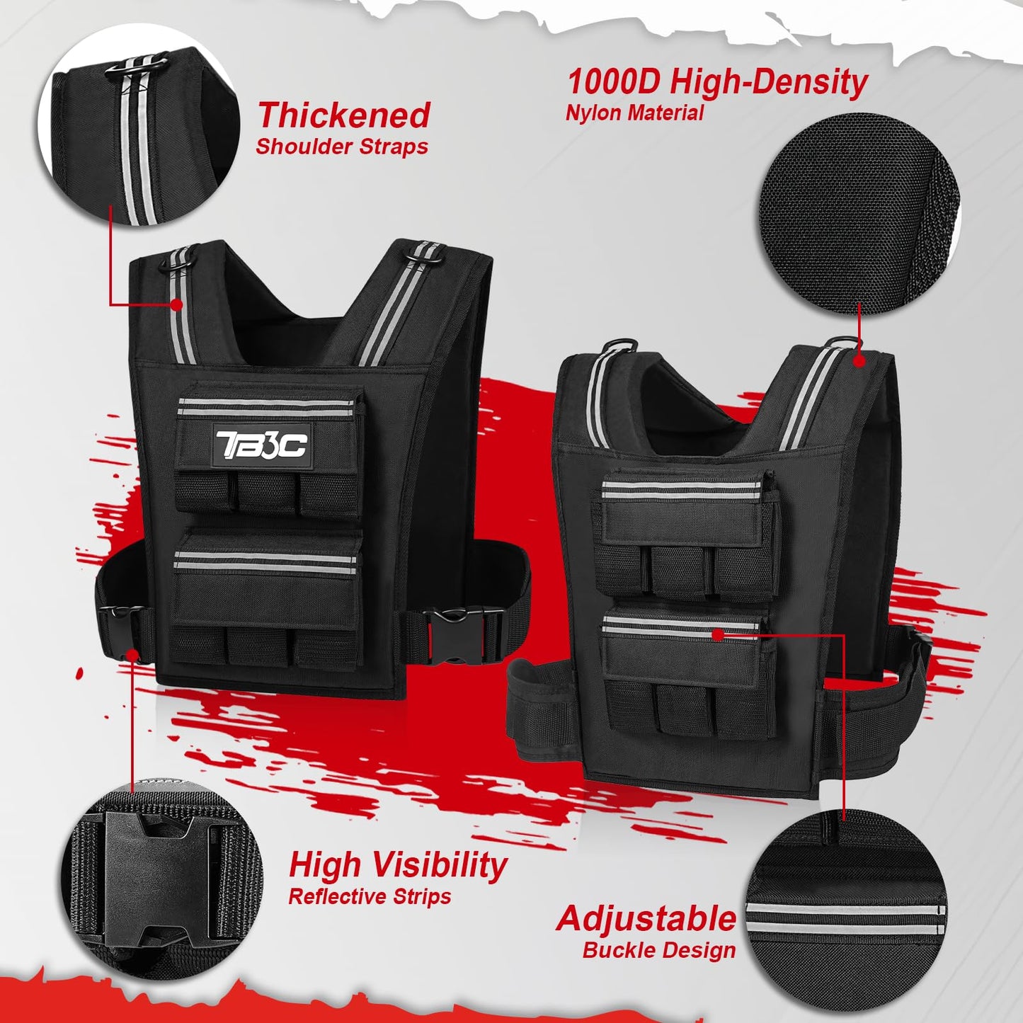 TB3C Adjustable Weighted Vest Men & Women, 30lbs with Reflective Stripe, Workout Vest for Home Gym, Cardio, Strength Training & Weight Loss