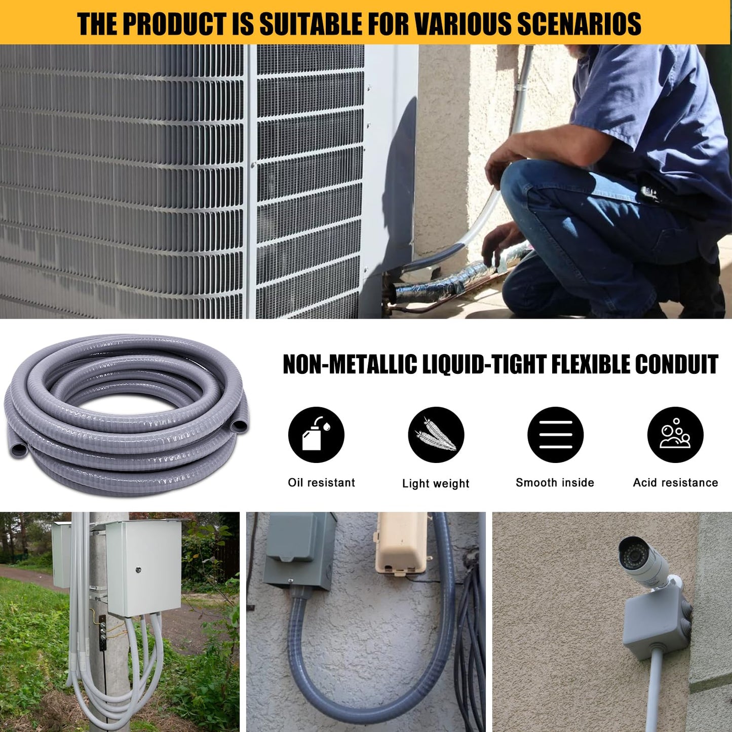 Wocloer 1-1/2 inch 50 Foot Liquid-Tight Conduit Kit, Flexible Non Metallic Electrical Conduit and Connector Kit, With 5 Straight and 4 Angle Fittings and Pipe Strap.