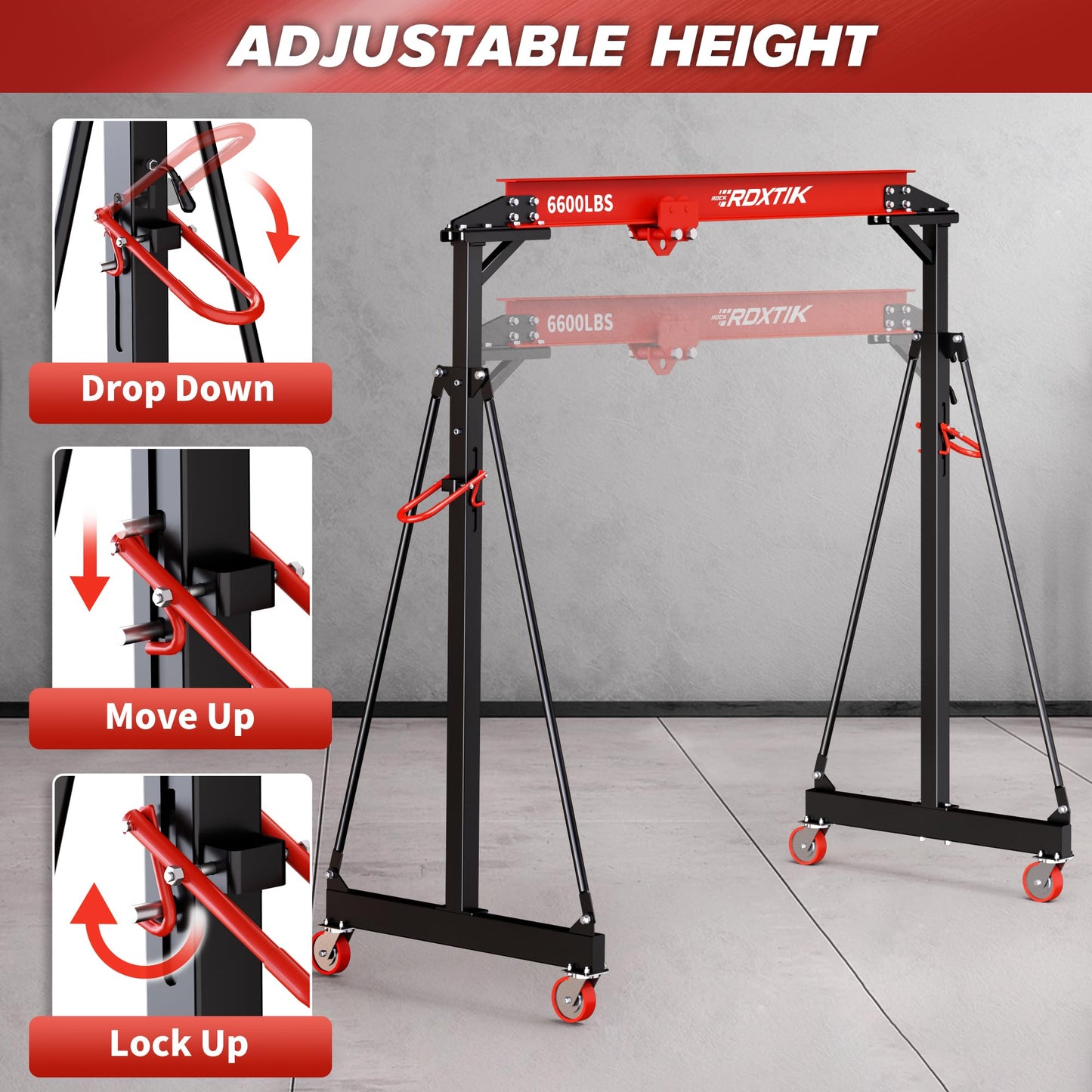 RDXTIK 3 Ton Gantry Crane with Manual Trolley, 6600LB Portable Shop Crane with 8.53-12.47 FT Adjustable Height and 9.06FT Max Width, Red