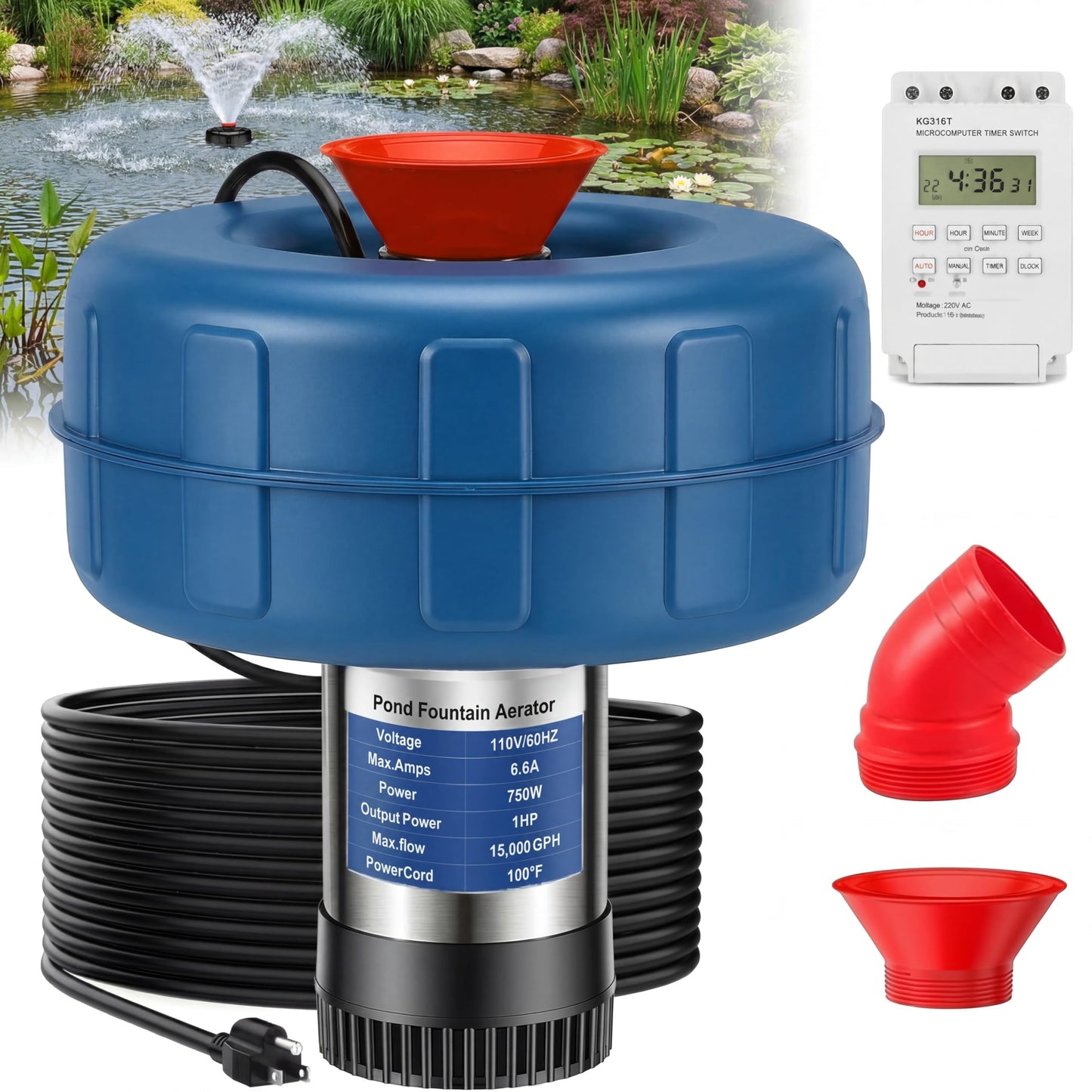 1HP 15000 GPH Pond Aerator Fountain Pump with Timer