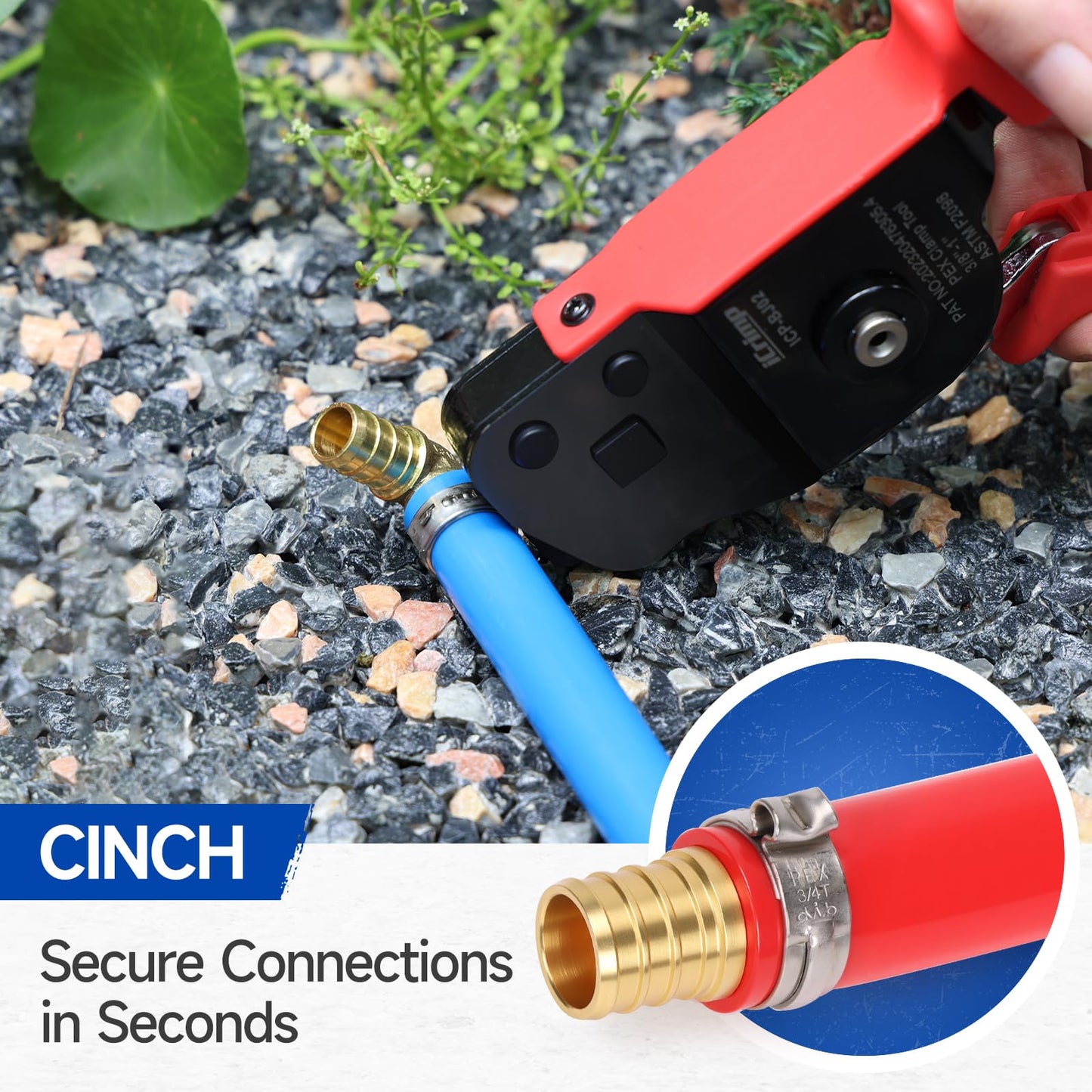 iCrimp One-Hand Crimping Tool Meets ASTM F2098, PEX Clamp Cinch Tool Kit with 20PCS 1/2-in, 10PCS 3/4-in PEX Clamps and Pipe Cutter- All in One