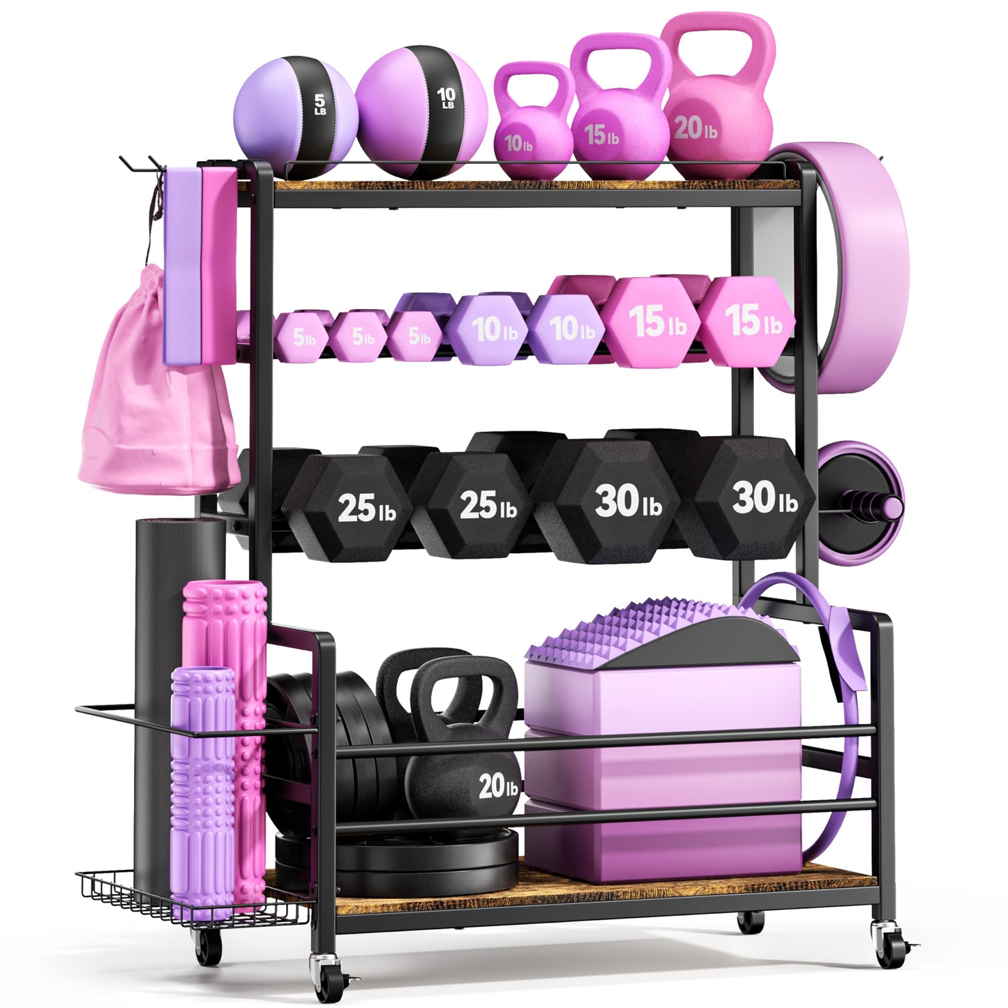 Dumbbell Rack with Wheels, 3-Tier Home Gym Storage Rack, Workout Equipment Organizer with Lockable Casters, Hooks, Side Basket and Wood Shelves