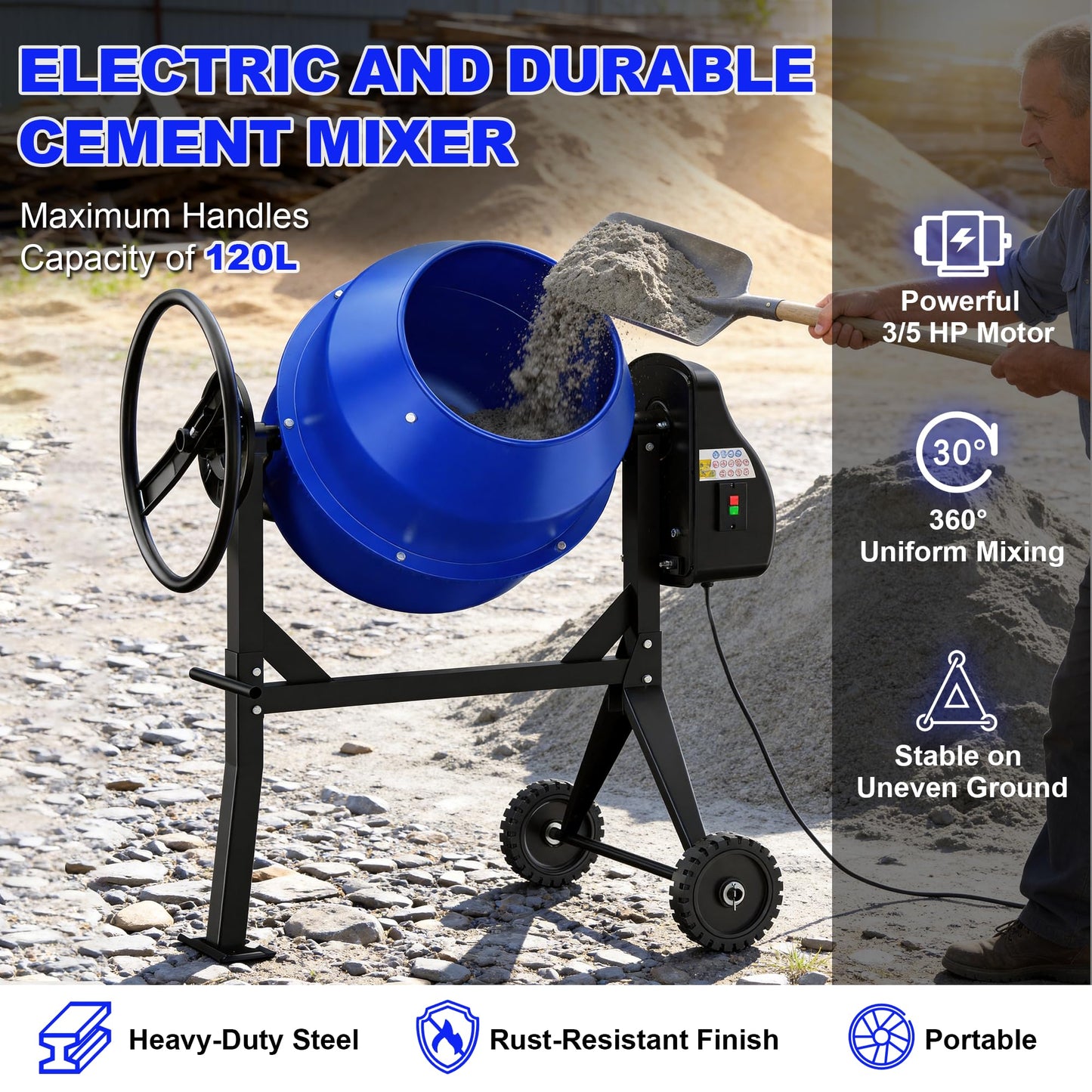 POXURIO 120L Electric Cement Mixer, 4.3 Cubic Ft. 450W 3/5HP Portable Concrete Mixer Machine with Stand And Wheels for Stucco, Mortar, Seeds, Blue-2026 Upgraded