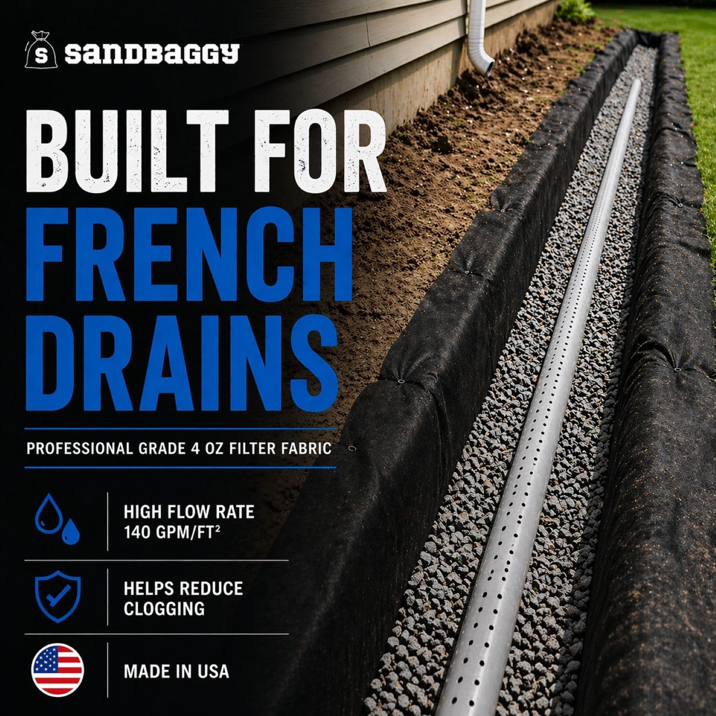 Sandbaggy French Drain Filter Fabric | Non-Woven Geotextile Landscape Fabric (4 oz) – Water Permeable, Porous Drainage Geo Fabric for Clay Soil & Landscaping – USA Made (6 ft x 50 ft Roll)