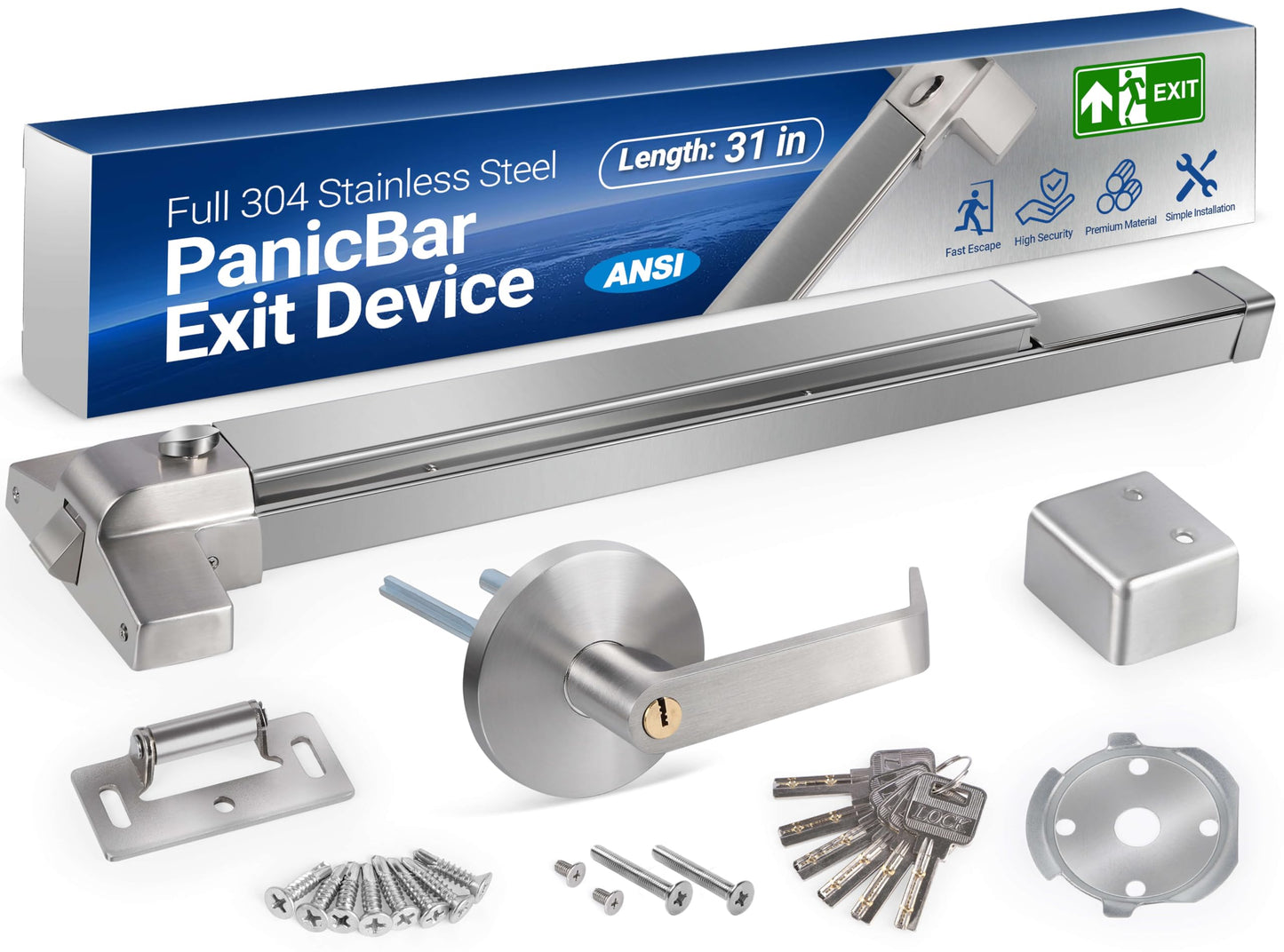 31" Commercial Push Bar Panic Exit Device -All 304 Stainless Steel Panic Bars for Exit Doors with Exterior Lever (6 Keys)- Emergency Exit Panic Door Hardware for 31"-48" Wooden/Metal Doors-HM-750A