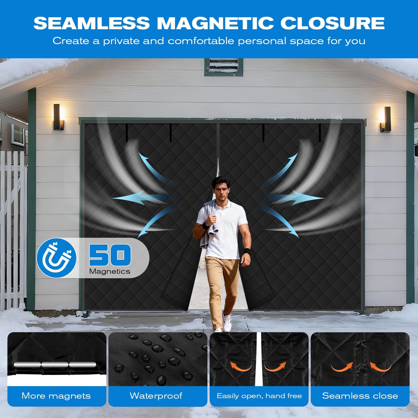 Magnetic Garage Door Curtain for Winter, 16x7ft Door Insulation Kit for Car Garage, Thermal Insulated Doorway Screen Cover Black Waterproof Windproof Thicken Polyester Oxford Fabric