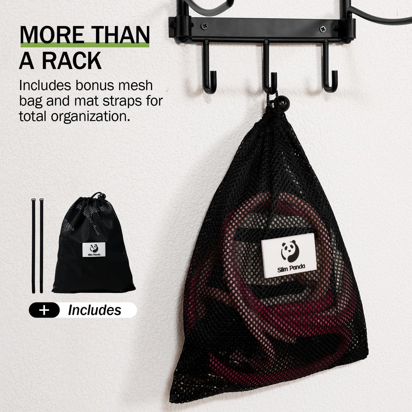 Slim Panda Yoga Mat Holder Wall Mount With Mesh Bag,Yoga Accessories Storage Rack,Home Gym Organizer with 5-Tier & 3 Hooks for Hanging Yoga Mats, Foam Roller, Resistance Bands & Yoga Accessories