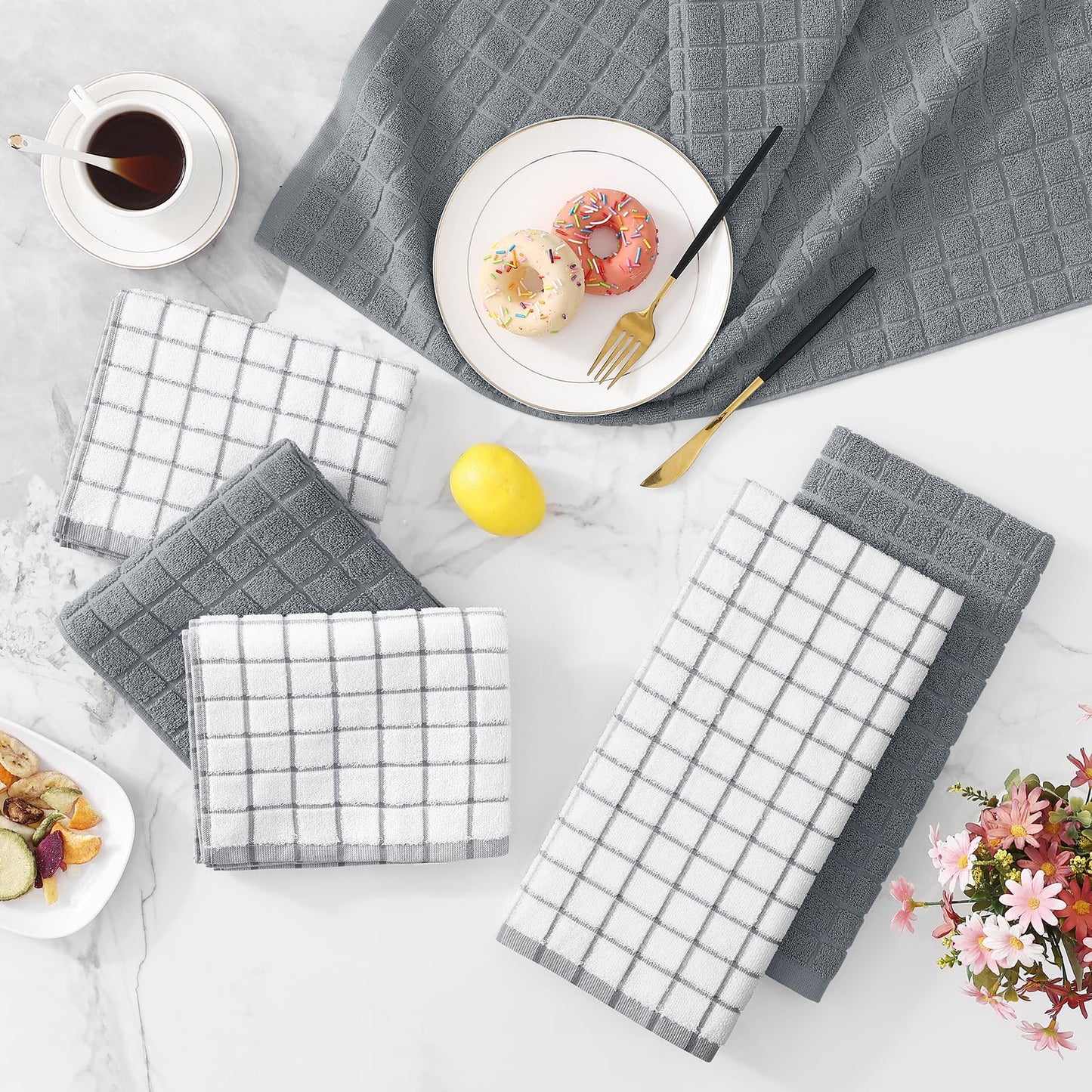 Homaxy Premium Cotton Kitchen Towels 16"x 28", Large Natural Ring Spun 390 GSM Dish Towels, Super Absorbent Terry Kitchen Hand Towels, Soft Tea Towels with Hanging Loop, Grey Check Design, 6 Pack