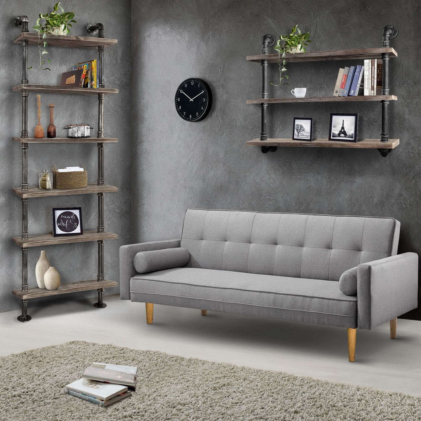 Industrielles Bücherregal, 6 Ebenen, modernes Leiterregal, Holzregal, Ausstellungsregal, Wandmontage, Metallregal, Bücherregal, Vintage Schmiedeeisen
