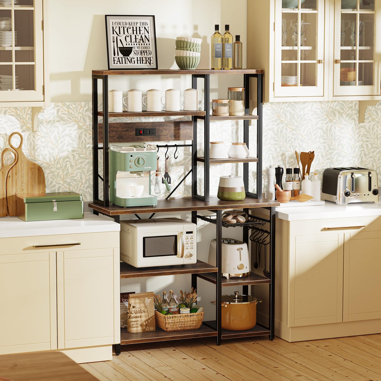 SUPERJARE Large Bakers Rack with Power Outlets, 6-Tier Microwave Stand, Coffee Bar with 12 S-Shaped Hooks, Kitchen Shelf with Wire Basket, 39.4 x 14.6 x 66.9 Inches, Rustic Brown
