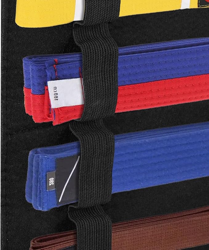 JUXYES Wall Hanging Martial Arts Belts Organizer with Trophy and Medal Display Rack, Bamboo Karate Belt Display Holder Rack, Wall Mounted Taekwondo Belt Display Holder for Martial Arts Learners
