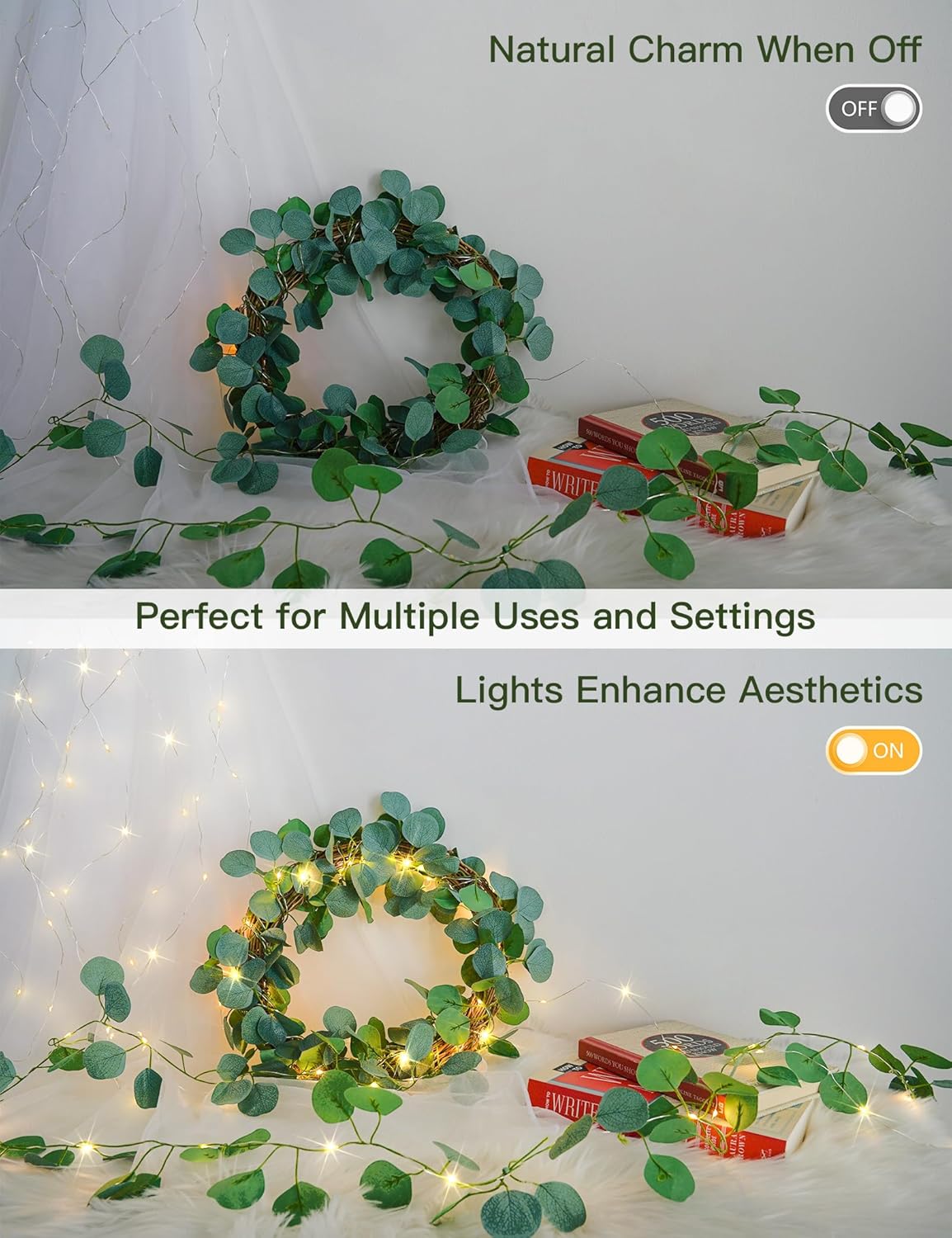 Suddus Eucalyptus Garland String Lights - 33ft Battery Operated with 100 LEDs & Remote | Warm White Decor for Bedroom, Garden, Party, Wedding