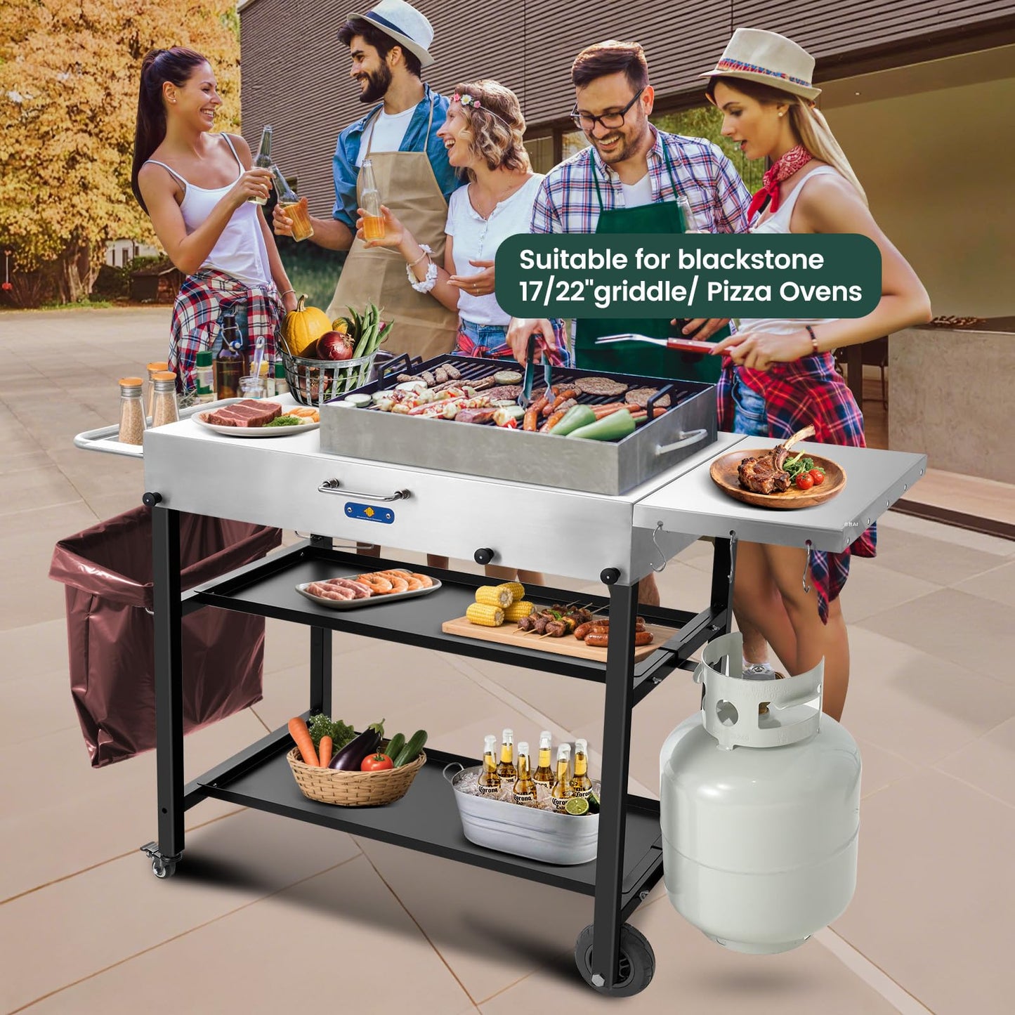 ARC Advanced Royal Champion 43" W x 17" D Stainless Steel Grill Cart Table,Blackstone Griddle Stand,440lbs Grill Table Pizza Oven Stand with Wheels for Ninja Woodfire Grill