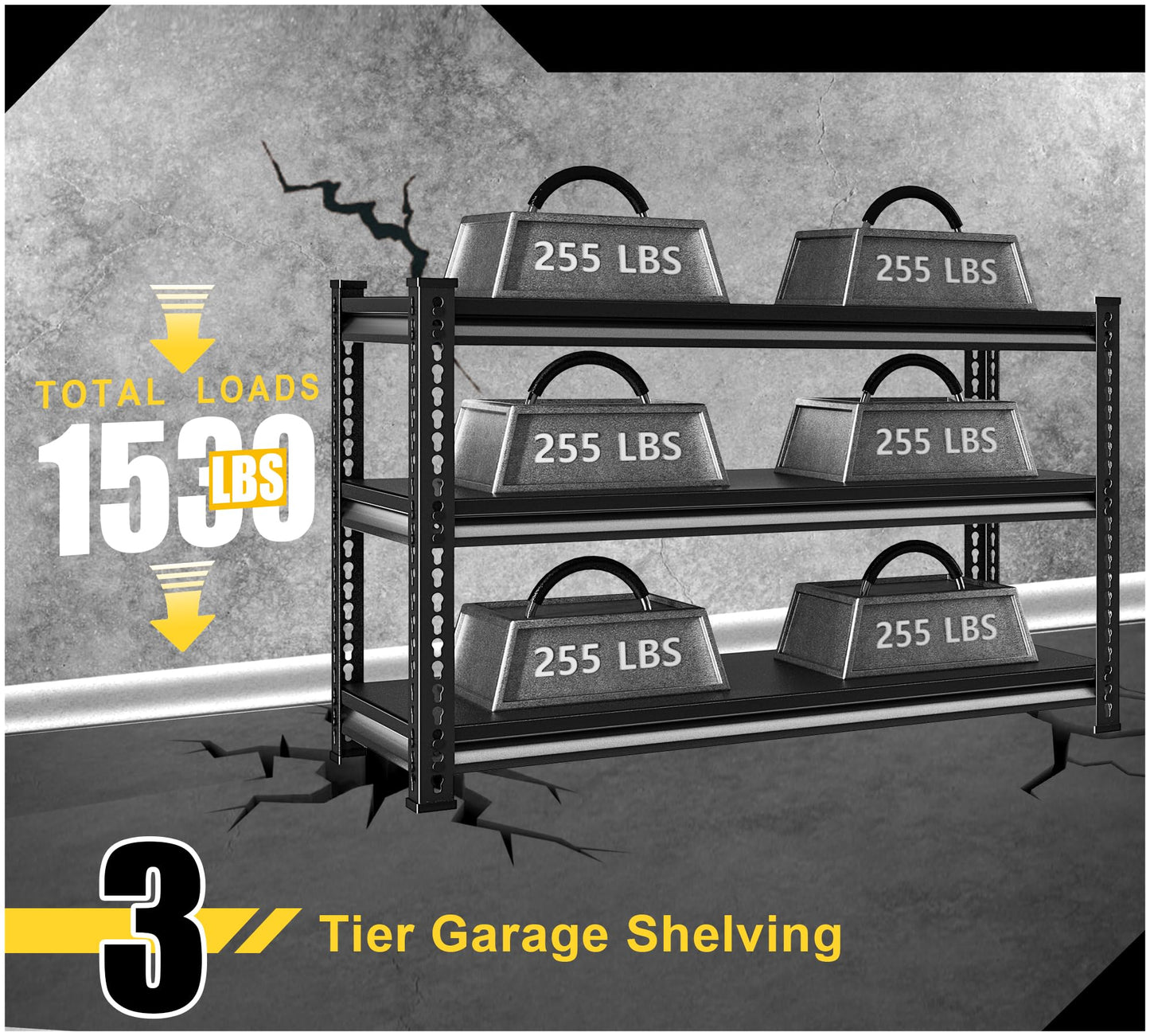 Rufokisa Metal Garage Shelving Heavy Duty，1530LBS Loads Garage Storage Shelves, 48”W 3-Tier Adjustable Storage Racks and Shelving Units for Garage Basement and Kitchen, 48”W x 18”D x 39”H,Black