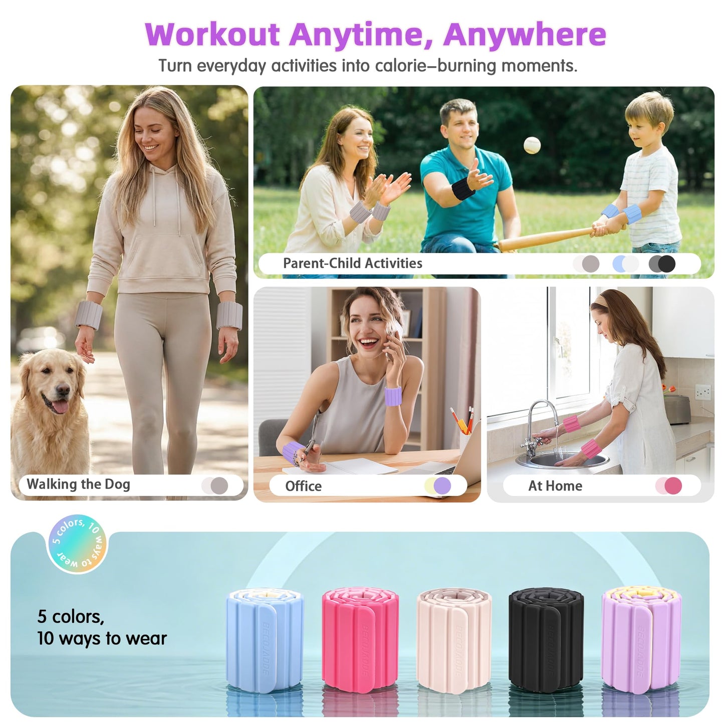 BECOJADDE Wrist Weights Ankle Weights for Women 1 Pair (1.1 lb Each) Silicone Magnetic Leg Arm Weighted Bracelet for Home Yoga Pilates Gym Workout Walking Jogging, Yellow Lavender