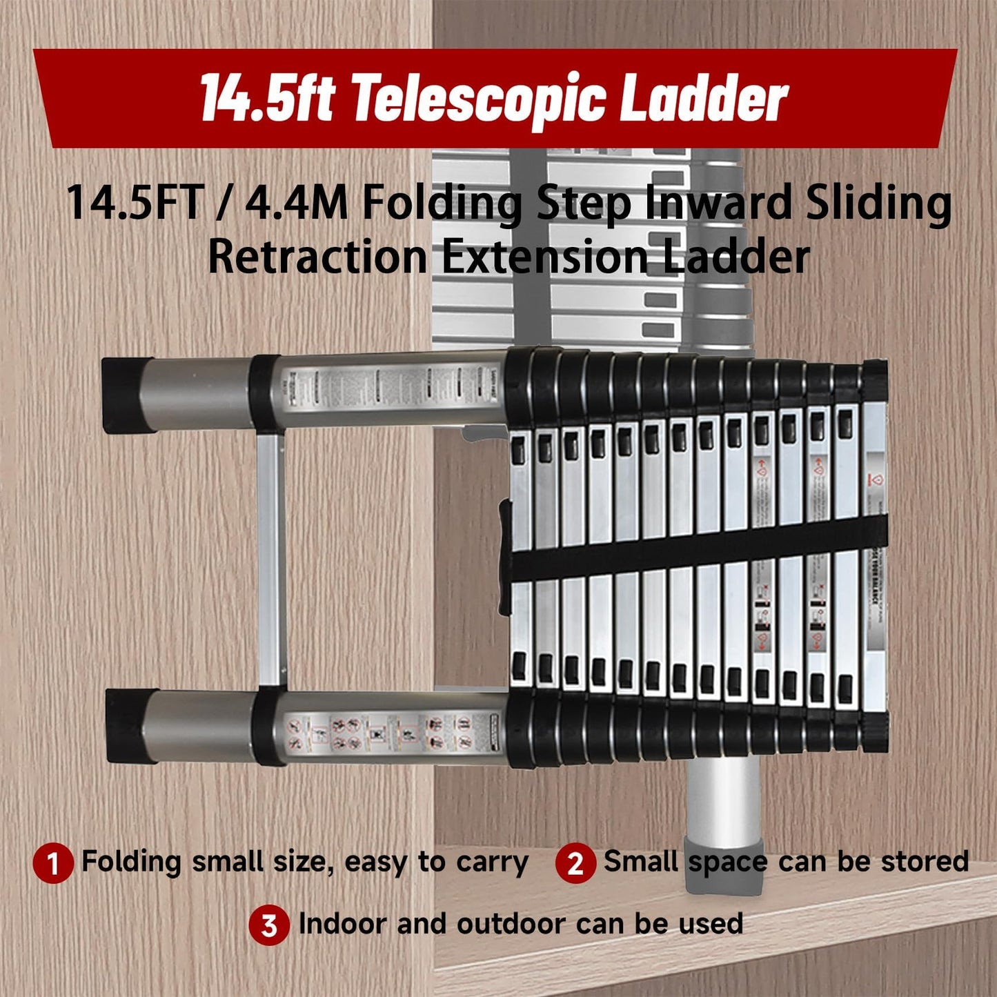 findmall 14.5FT / 4.4M Aluminum Telescopic Ladder Multi Use Non-Slip Collapsible Ladder Telescoping Ladders