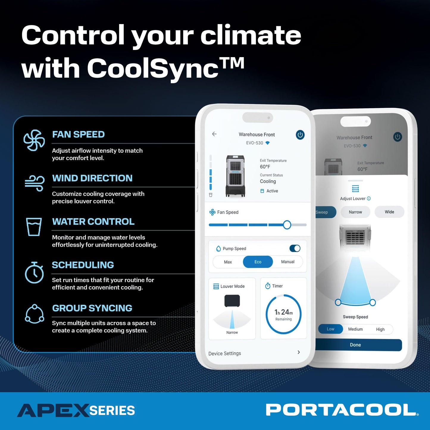 Portacool Apex 500 (PACA05001A1) – Wi-Fi Enabled High Velocity Portable Evaporative Cooler for 500 sq. ft. with up to 55-foot Reach, Oscillating Louvers, Programable, 13 Gallon Reservoir, Variable Spd