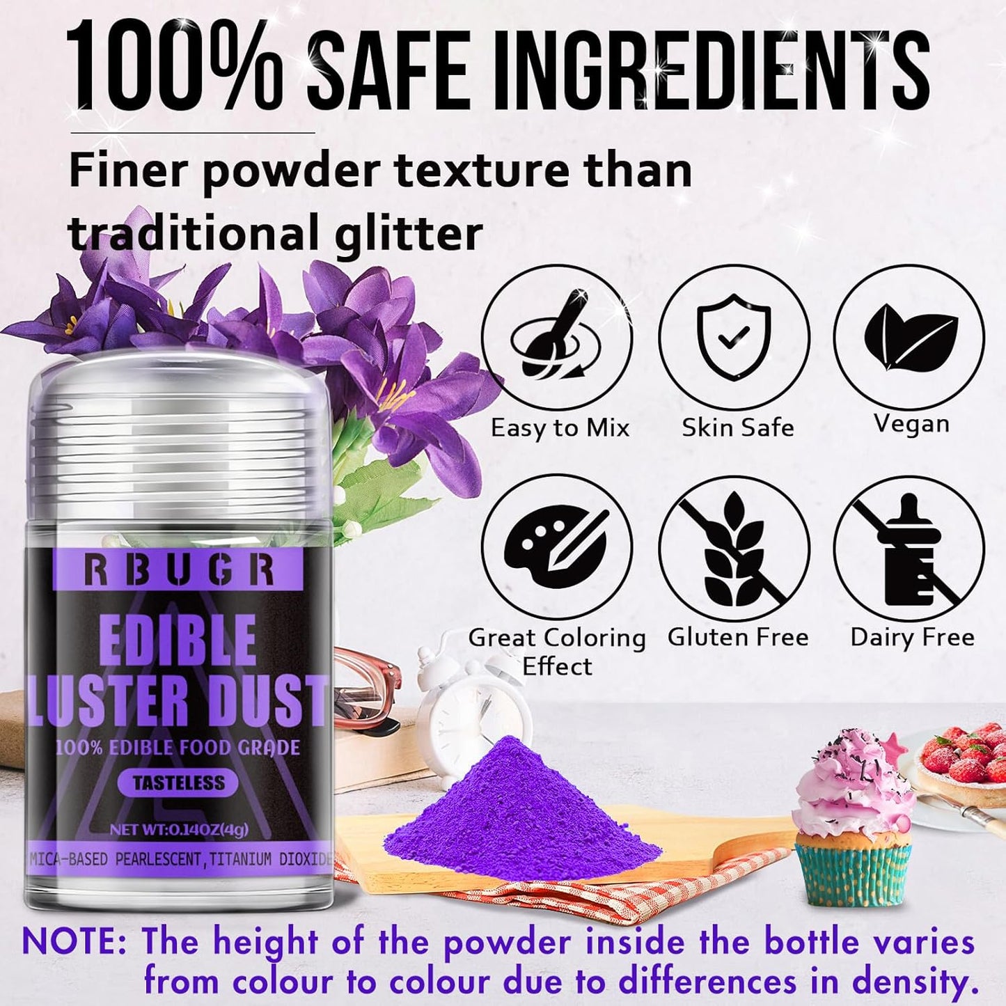 RBUGR Edible Glitter - 12 Vibrant Colors for Cocktails & Baking | Vegan Shimmer Powder (4g)