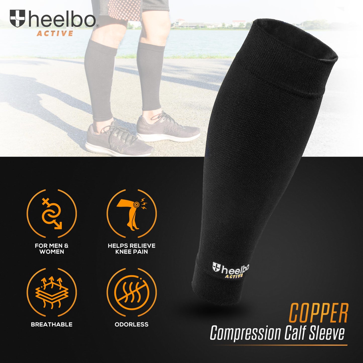Heelbo Copper Infused Calf Compression Sleeves, Support Muscle Recovery & Blood Circulation, All Day Comfort, Breathable, Moisture Wicking, Black, Medium