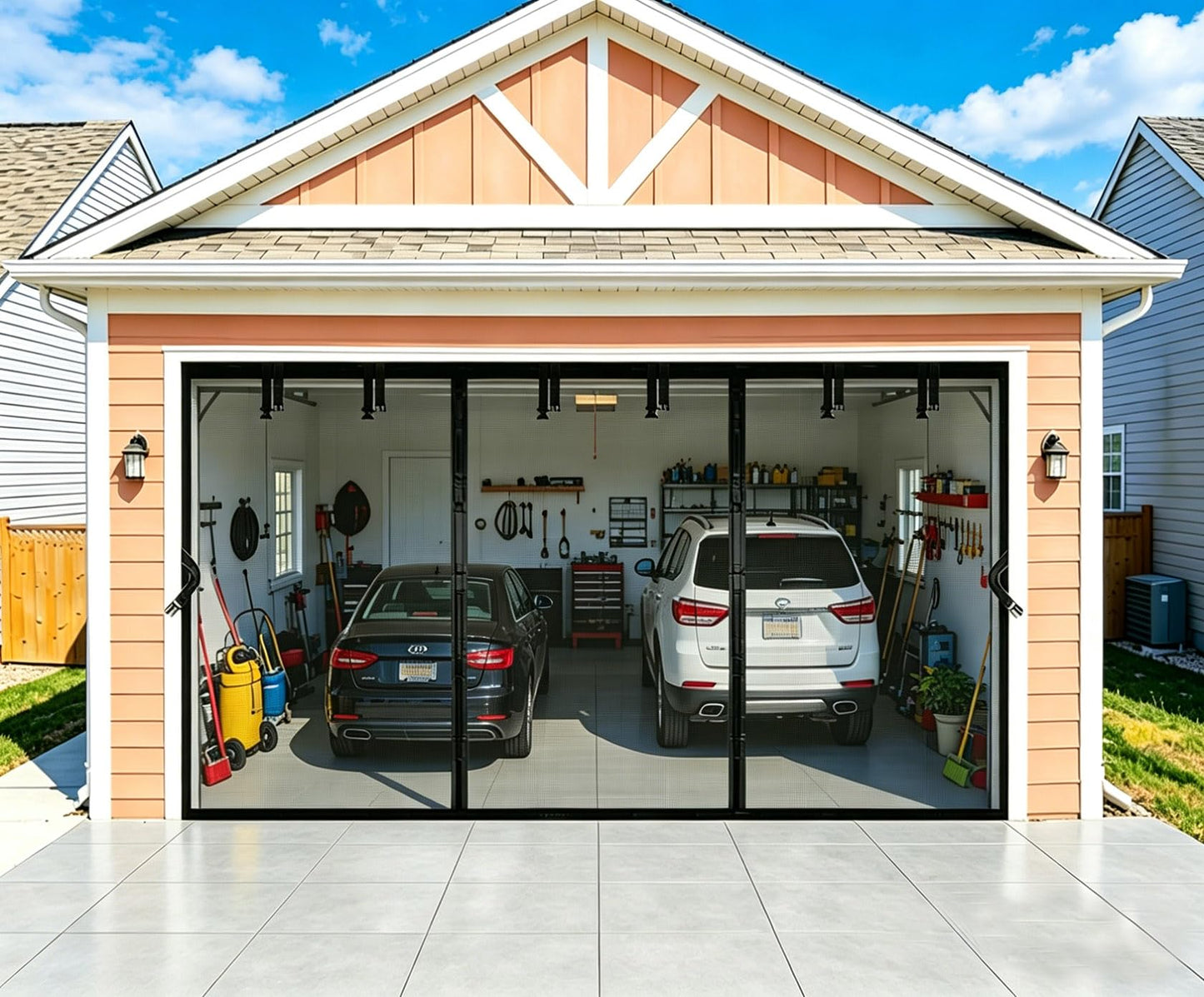 SANJINFON Magnetic Garage Door Net Screen Kit 20x9 FT - Heavy-Duty Fiberglass Mesh with Magnetic Closure for 2 or 3 Car Garage 20x9ft, Blocks Bugs & Enhances Privacy - Perfect for Porch Gym Barn Patio