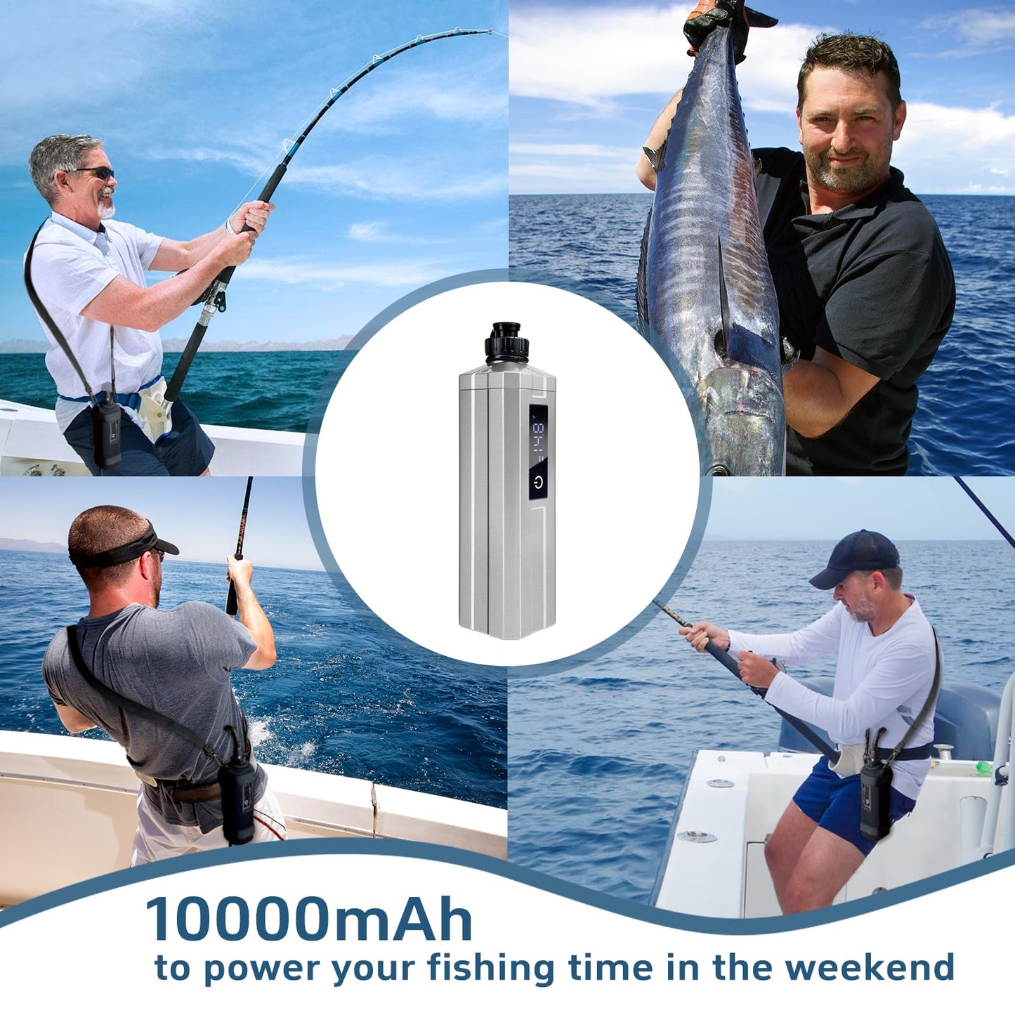 YL-HLOT electric fishing reel battery. IP68 waterproof. Rust prevention. Latest model with digital LED display. Includes 4.9ft power cord. Compatible with Daiwa & Shimano electric reels (Silver. 10Ah)