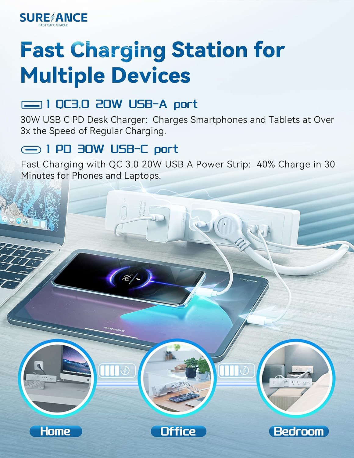 SUREANCE 50W 30W 2.5" 980J 20W 6FT Desk Clamp Power Strip with USB-C PD, Desktop Mount Surge Protector, Fits Max Table