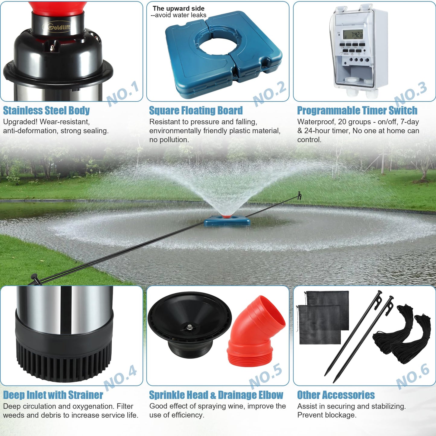 Goldlife Pond Fountain Aerator, F2-2 1HP 750W 110V Stainless Steel Floating Fountain With 100 Feet Power Cord, Timer, Aerating Fountain Pond Cascade Pump for Small Large Ponds Lake Jet System