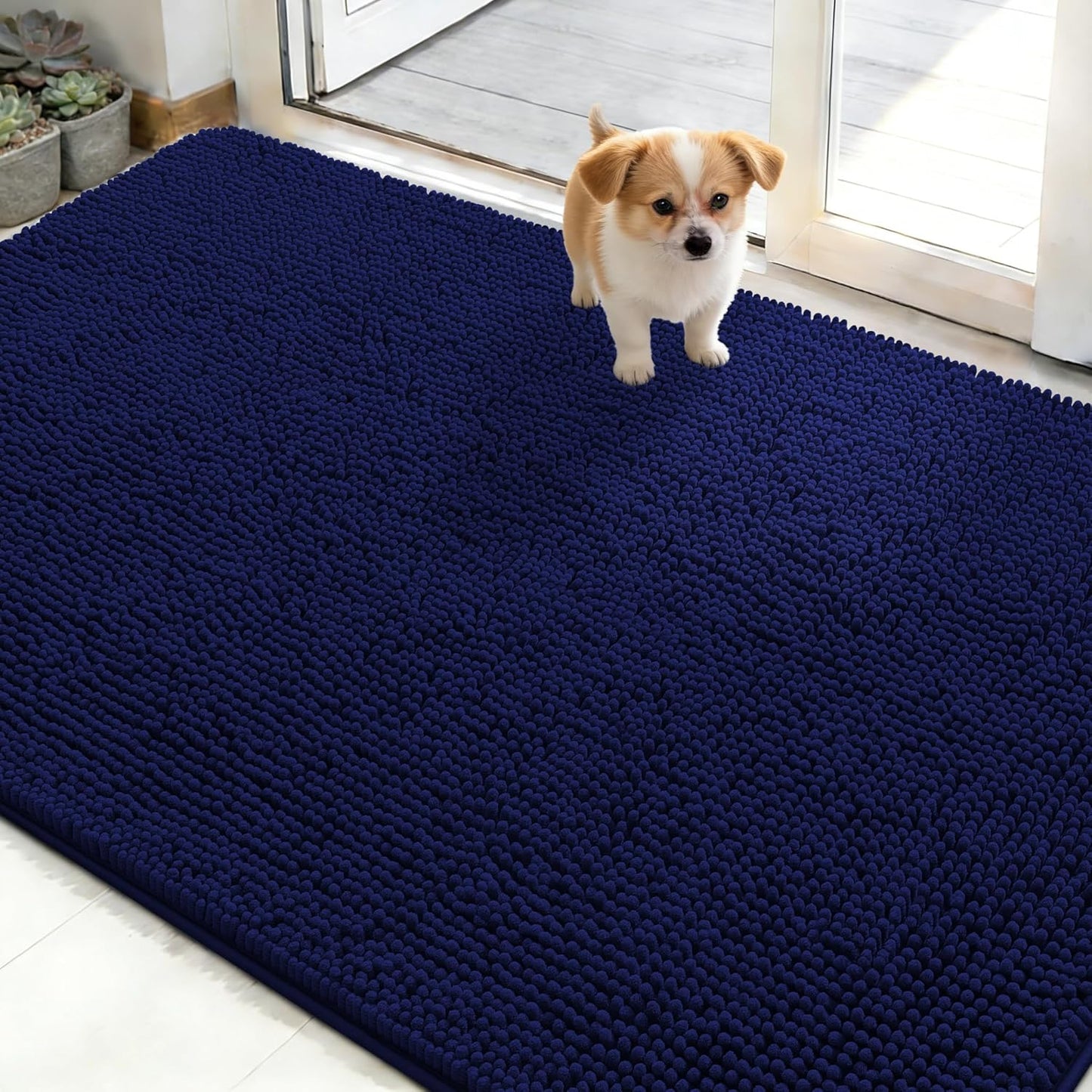 OLANLY Dog Door Mat - Absorbent Non-Slip Washable Chenille Mat for Muddy Paws | 48x30, Navy Blue