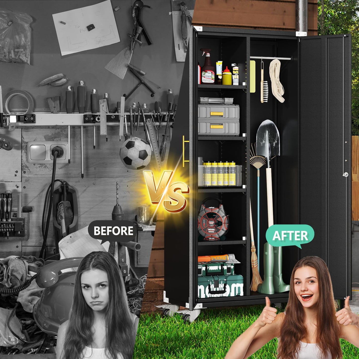 PAOFIN 71" Garage Storage Cabinet with Hanging Rod,Lockable Metal Broom Closet Storage Cabinet with 4 Adjustable Shelves for Tools,Garage Home,Office Required Assembly,Black