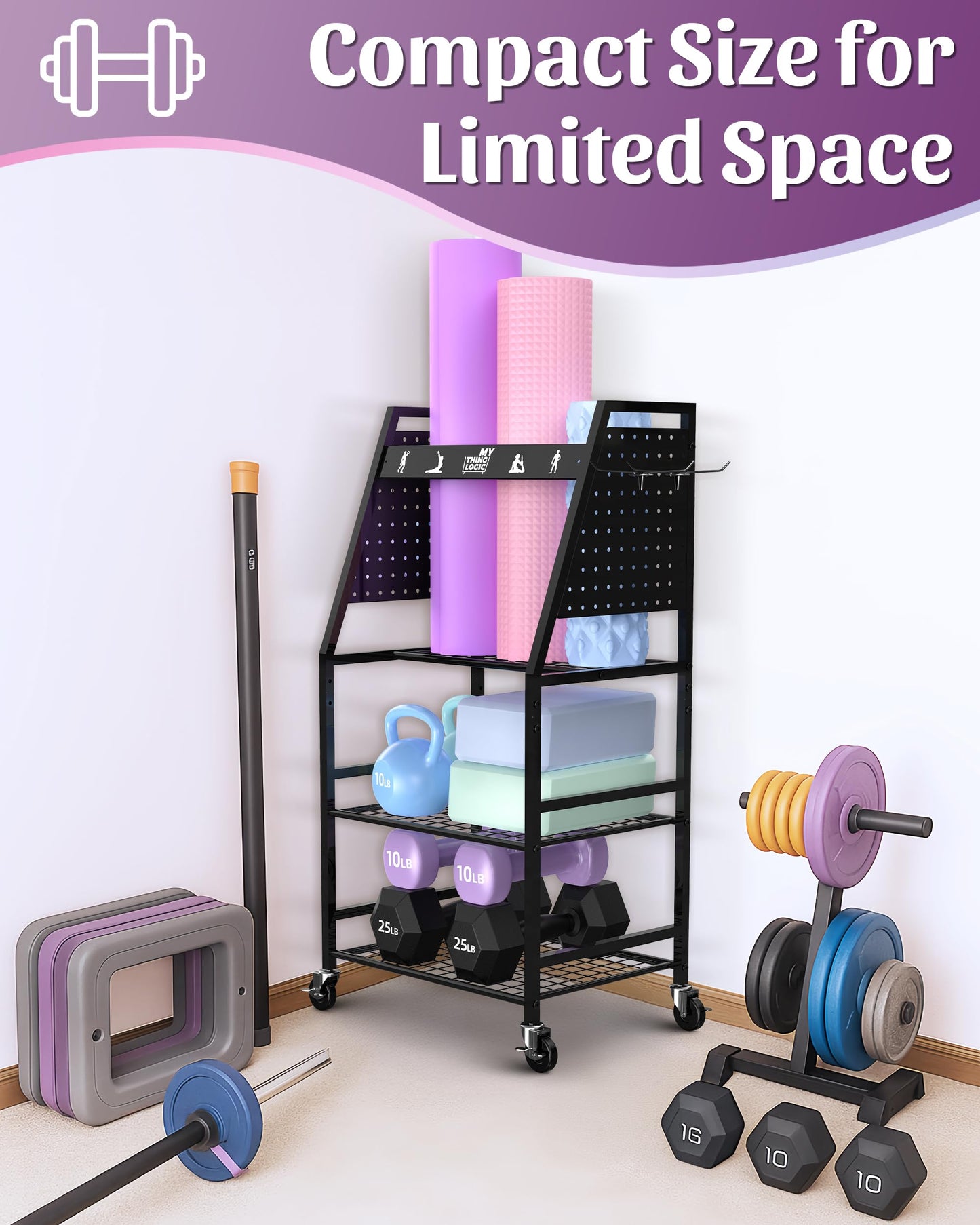 Mythinglogic Yoga Mat Storage Racks,Home Gym Storage Rack for Dumbbells Kettlebells Foam Roller, Yoga Strap and Resistance Bands, Workout Equipment Storage Organizer With Hooks and Wheels (New Black)