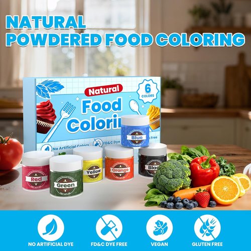 Natural Food Coloring - 6 Colors Non-Toxic Hyper-Concentrated Dye-Free Powder | 5g Each Bottle