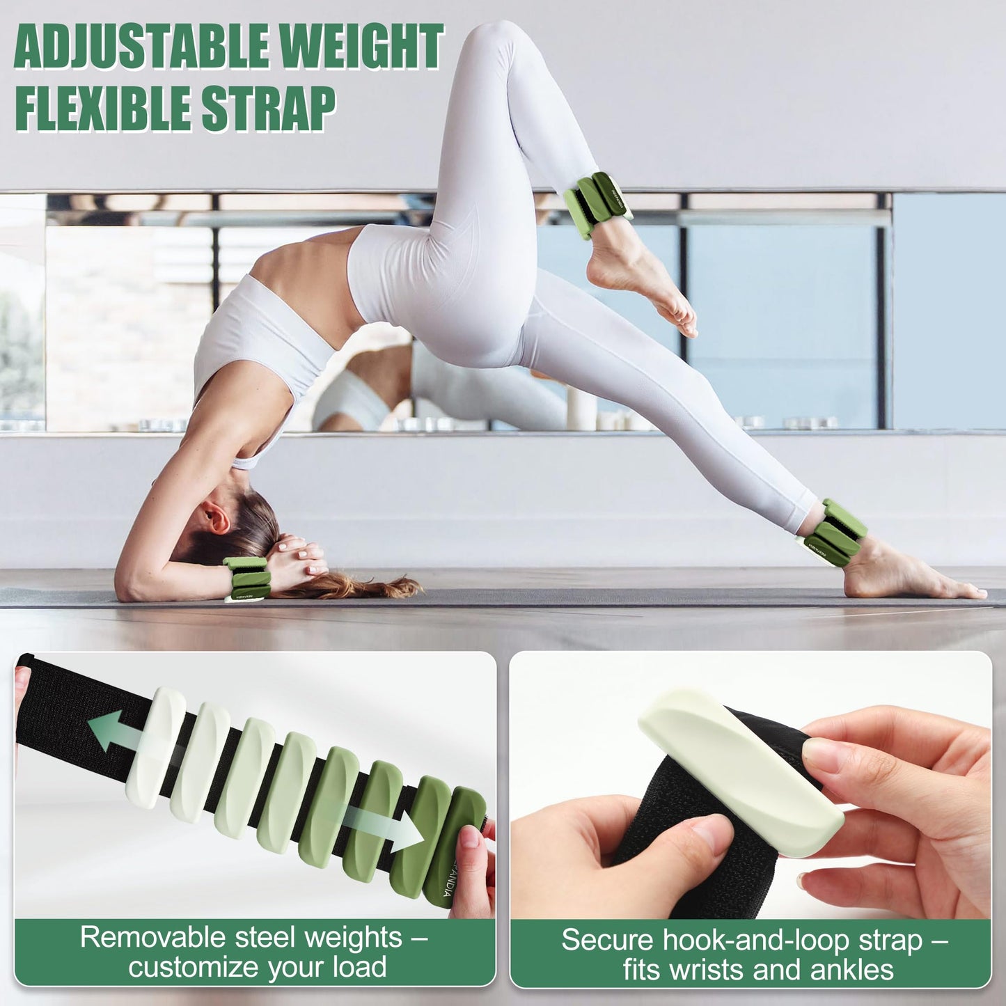 INDEPANDIA Wrist & Ankle Weights for Women and Men, 2lbs Pair Adjustable Silicone Weighted Bangles for Arm & Leg Workouts, Perfect for Pilates, Yoga, Walking & Home Fitness Training, Gradient Green