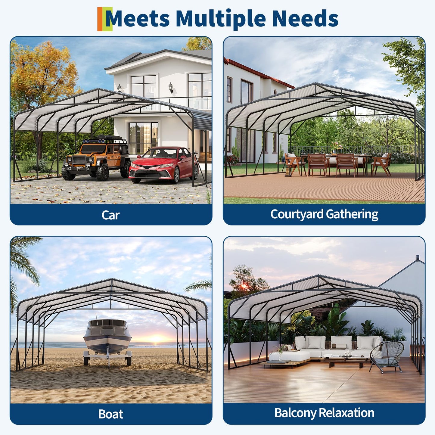 PeakPursuit Metal Carport, 20x20 FT Outdoor Car Port Canopy with Galvanized Steel Roof and Reinforced Base, Heavy Duty Garage Car Shelter Shade for SUV, Truck, Boats