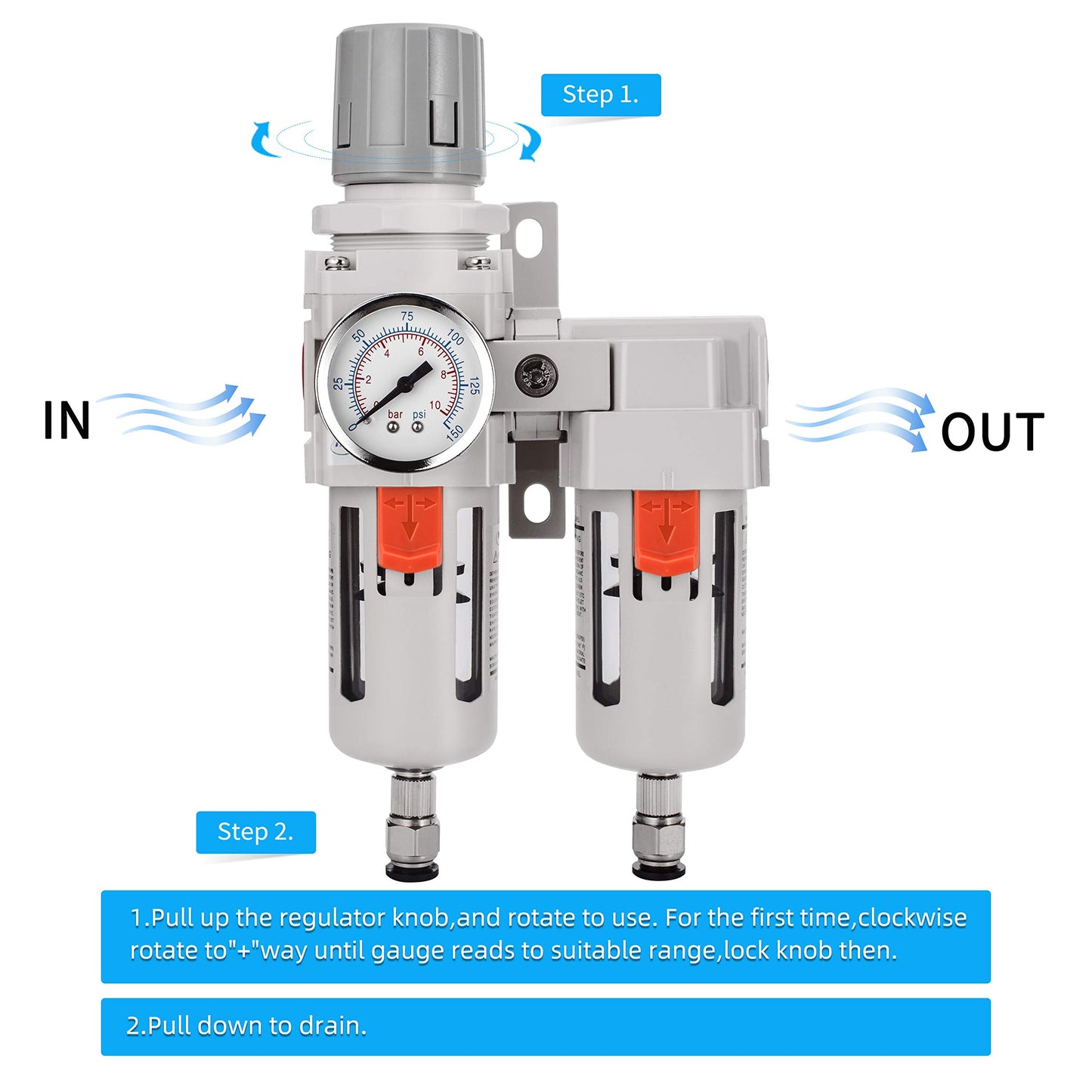 NANPU 3/8" NPT Air Dryer System - 5 Micron Particulate Filter, 0.5 Micron Coalescing Filter & Air Pressure Regulator, Water Trap Separator - Semi-Auto Drain,0-150 psi Gauge, Poly Bowl, Metal Bracket