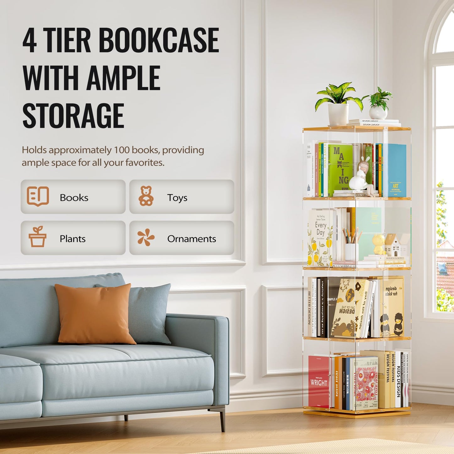 TAKEKIT Rotating Bookshelf, 360 Degree Revolving Bookcase, 4-Tier Spinning Bookshelf, Clear Acrylic & Solid Wood Rotating Bookcase for Kid’s Playroom, Bedroom and Living Room, Square