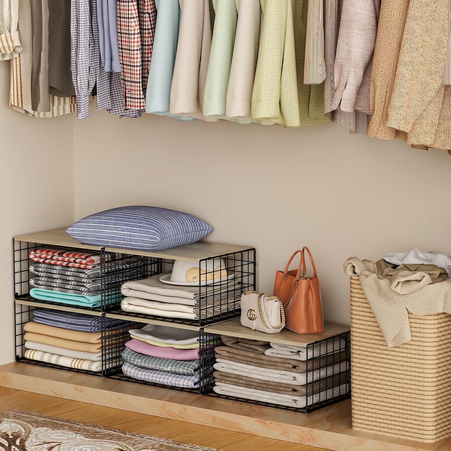 Sturdy Metal Closet Organizers by [Brand Name] - Extra-Long Stackable Storage Bins | Space-Saving Black Design, 3 Pack