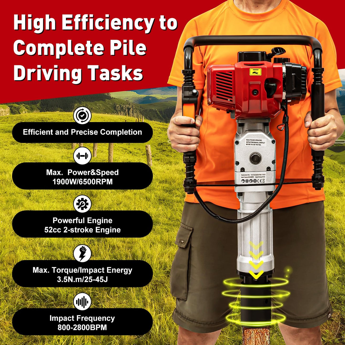 52CC Gas Powered T Post Driver 2 Stroke Pile Driver Hammer Fence Post Driver Gas Piledriver Gasoline Powered T-Post Driver Gas Post Driver Single Cylinder Air-Cooling Engine with 2 Post Driving Head