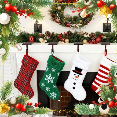 Christmas Stocking Holders for Mantle Set of 4, Mantle Stocking Hangers Hanging Hooks, Stocking Hanger Base, Stocking Holder Hooks for Fireplace Tabletop Shelf Christmas Decoration (Copper Red)