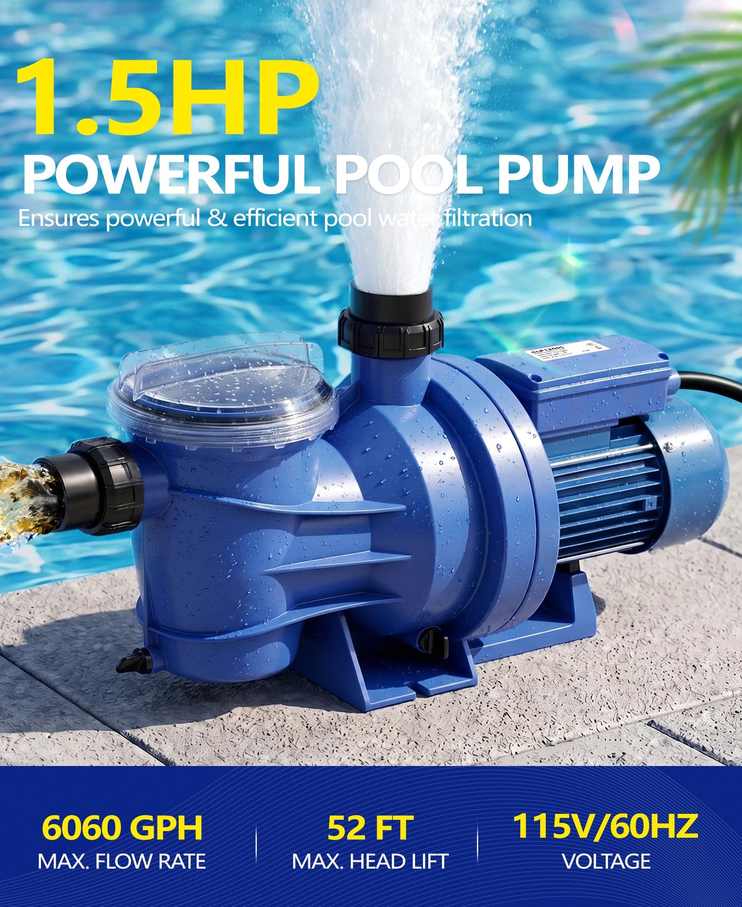 LuxBlue 1.5HP In/Above Ground Pool Pump | Powerful Self-Priming Pool Pumps | Max 6060GPH, 52FT Head Lift for Energy Efficient Water Circulation & Filtration, Includes 1.25"/1.5"/2" Hose Connectors