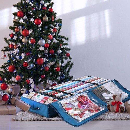 Hearth & Harbor Wrapping Paper Storage Container - Tear-Proof Christmas Gift Wrap Organizer | Fits 22 Rolls, Blue