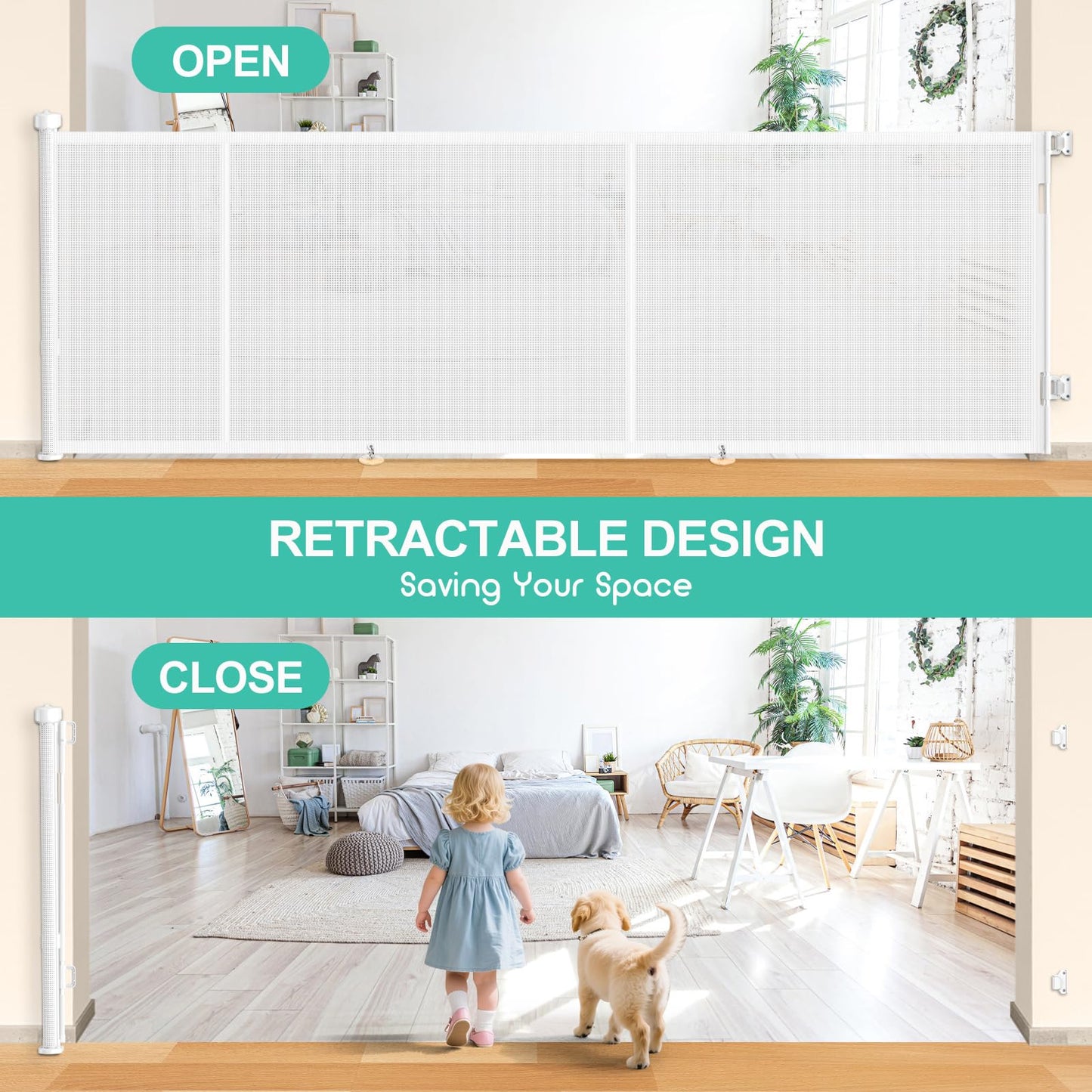 196 Inch Retractable Baby Gates Extra Wide, 41 Inch Reinforced Extra Tall Gate for Large Openings, Mesh Safety Gate for Kids Pets, Retractable Dog Gate for Pool Garages Doorway Indoor Outdoor, White