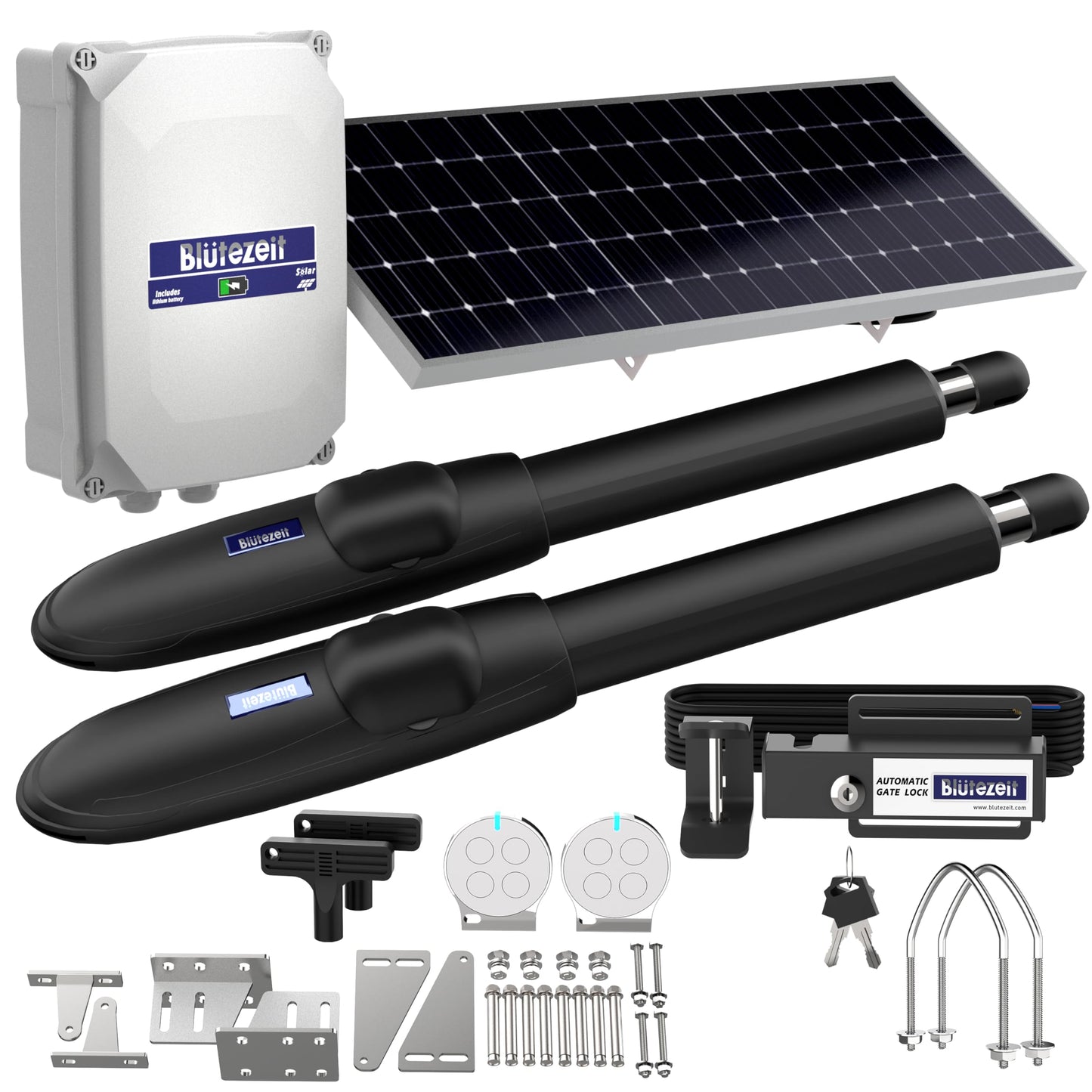 Blütezeit MS650 Swing Gate Opener with Electric Gate Lock – 1760lb Heavy-Duty Dual-Arm Gate Motor, 25W Solar Panel, Built-in Lithium Battery Control Box, Automatic Security Latch