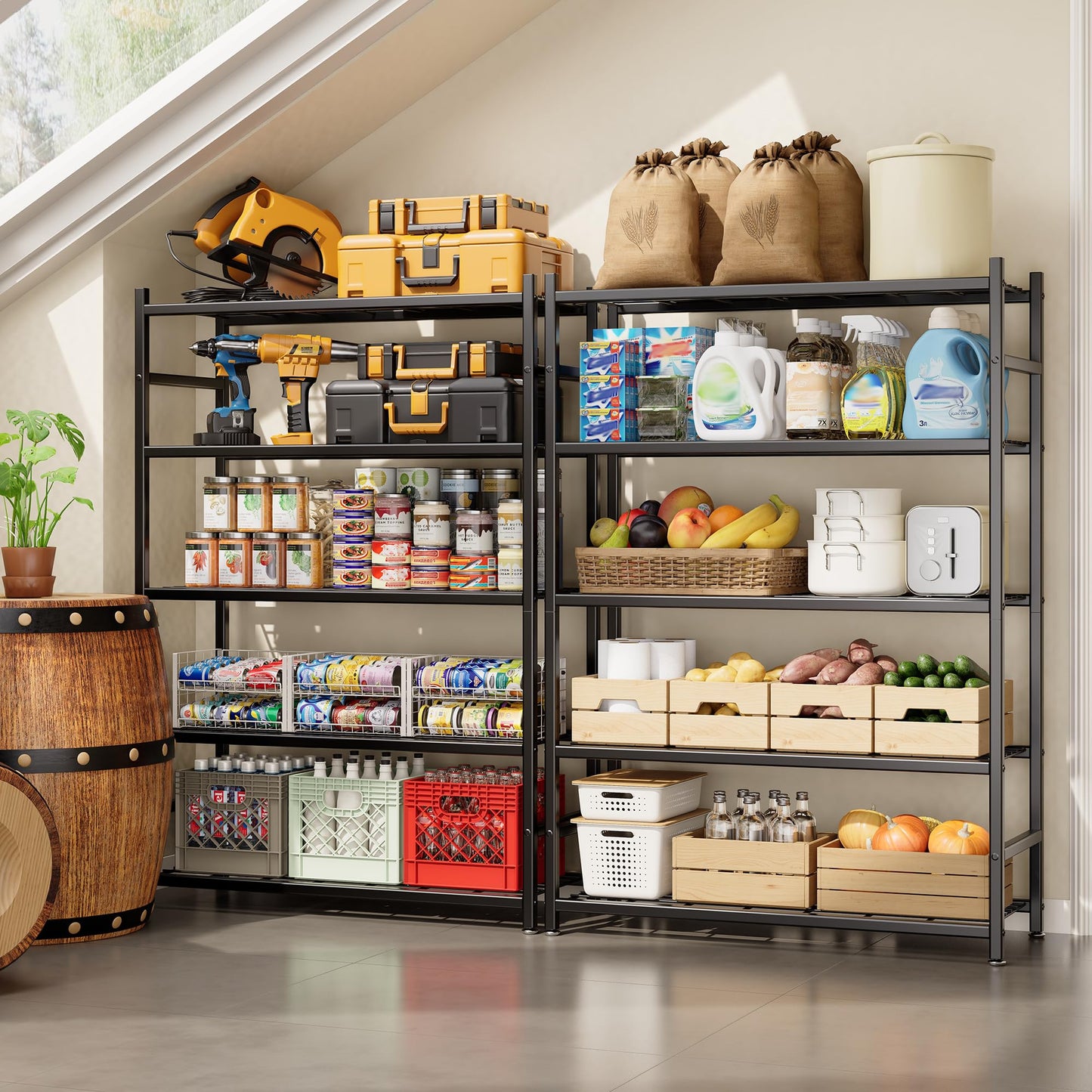 Tujurich 36.4" W Storage Shelves, 5-Tier Metal Shelving Unit with Adjustable Feet, Shelf Organizer for Garage, Kitchen, Pantry and Closet Organization, 36.4" x 11.8" x 68.3", Black