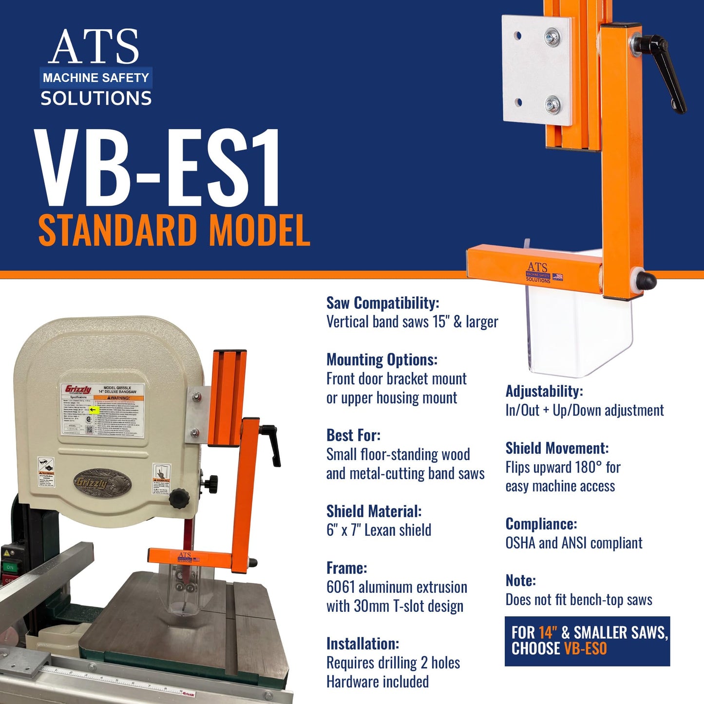 ATS VB-ES1 Vertical Band Saw Guard | High-Visibility Safety Shield for 15"+ Saws | Adjustable 7" Lexan & Aluminum Frame | Made in USA