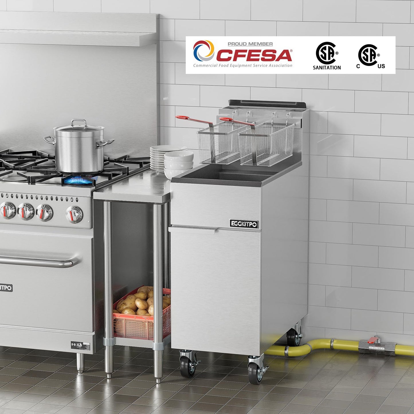 EGGKITPO ECF4-NG 50LB 120,000 BTU Natural Gas Fryer and 29 Inch Large Countertop Griddle Commercial Electric Griddle (120v 3500w)